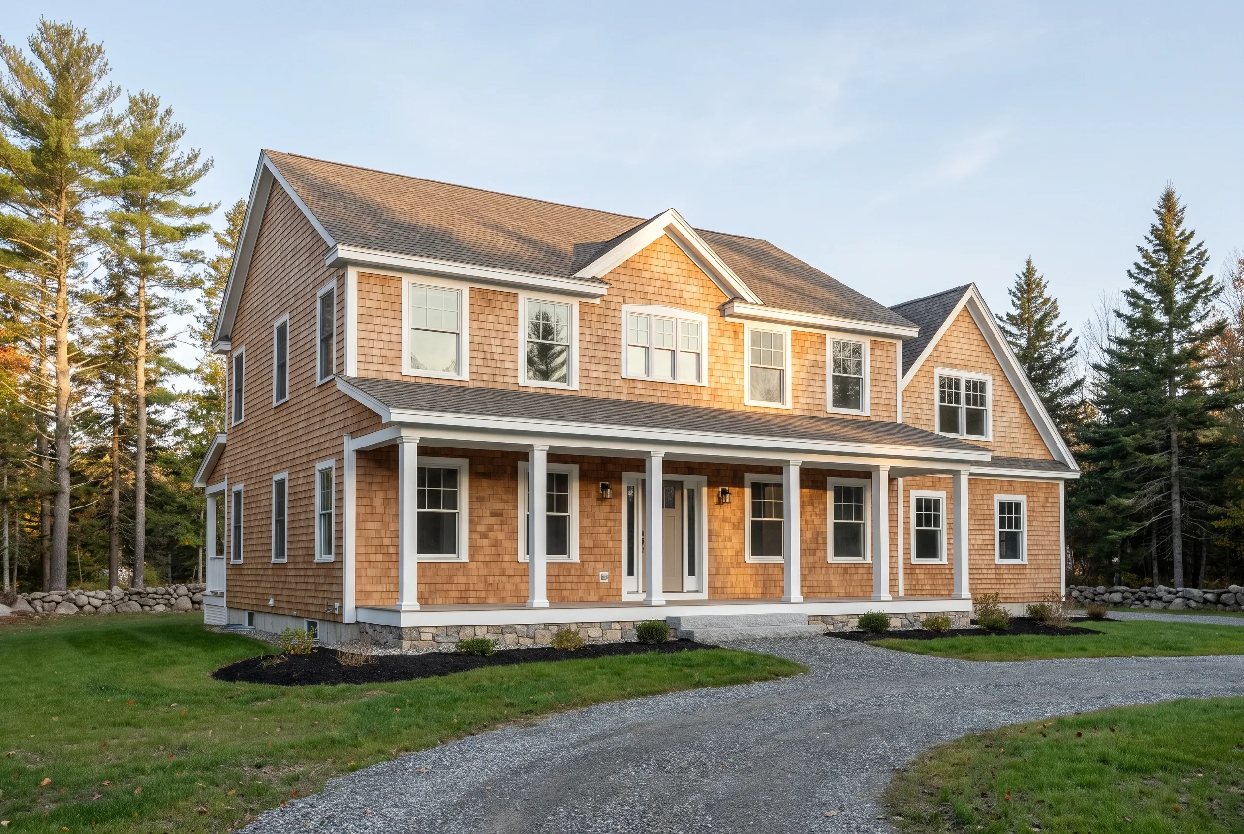 New custom home in York County: Two-story house with cedar shake siding in golden tan, white trim, and dark roof, surrounded by evergreen trees and lawn.