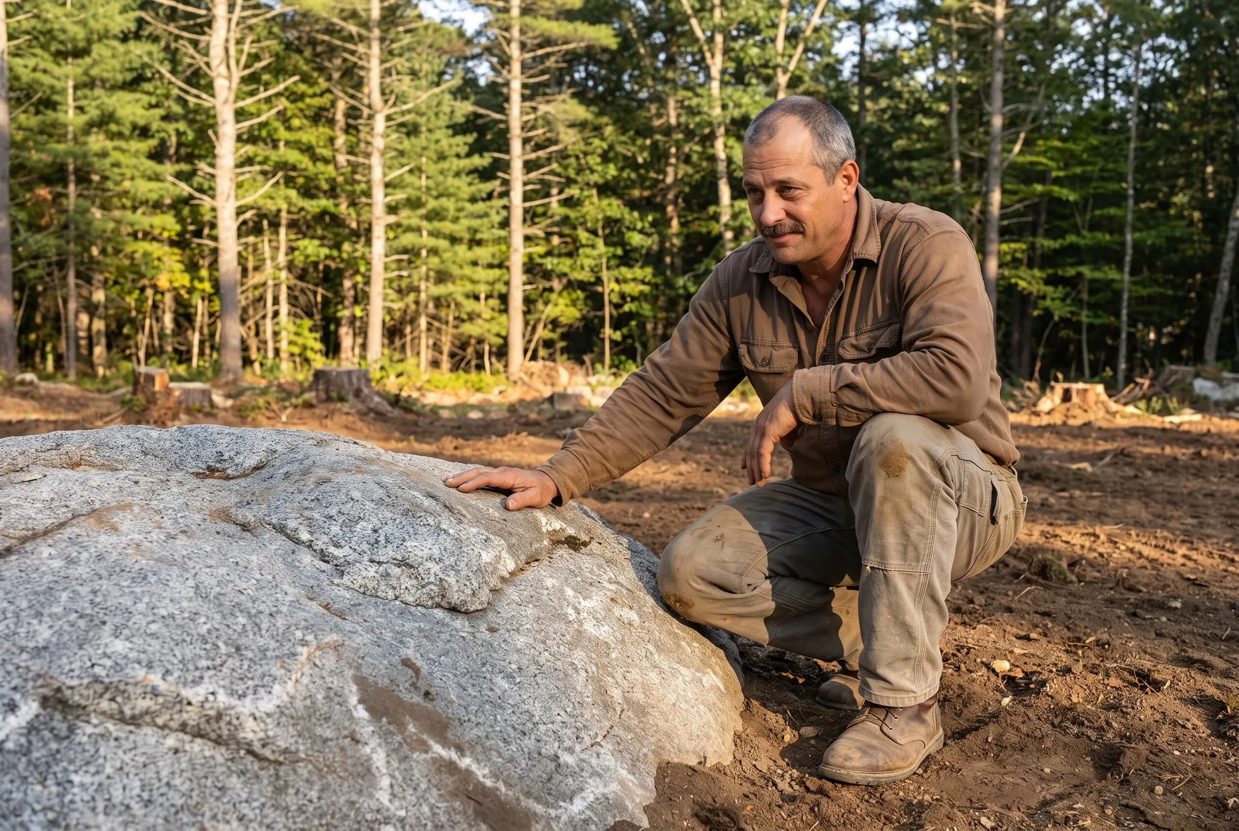 Ron Michaud crouched beside a hump of gray ledge exposed in a freshly cleared house site, one hand resting on the bare rock