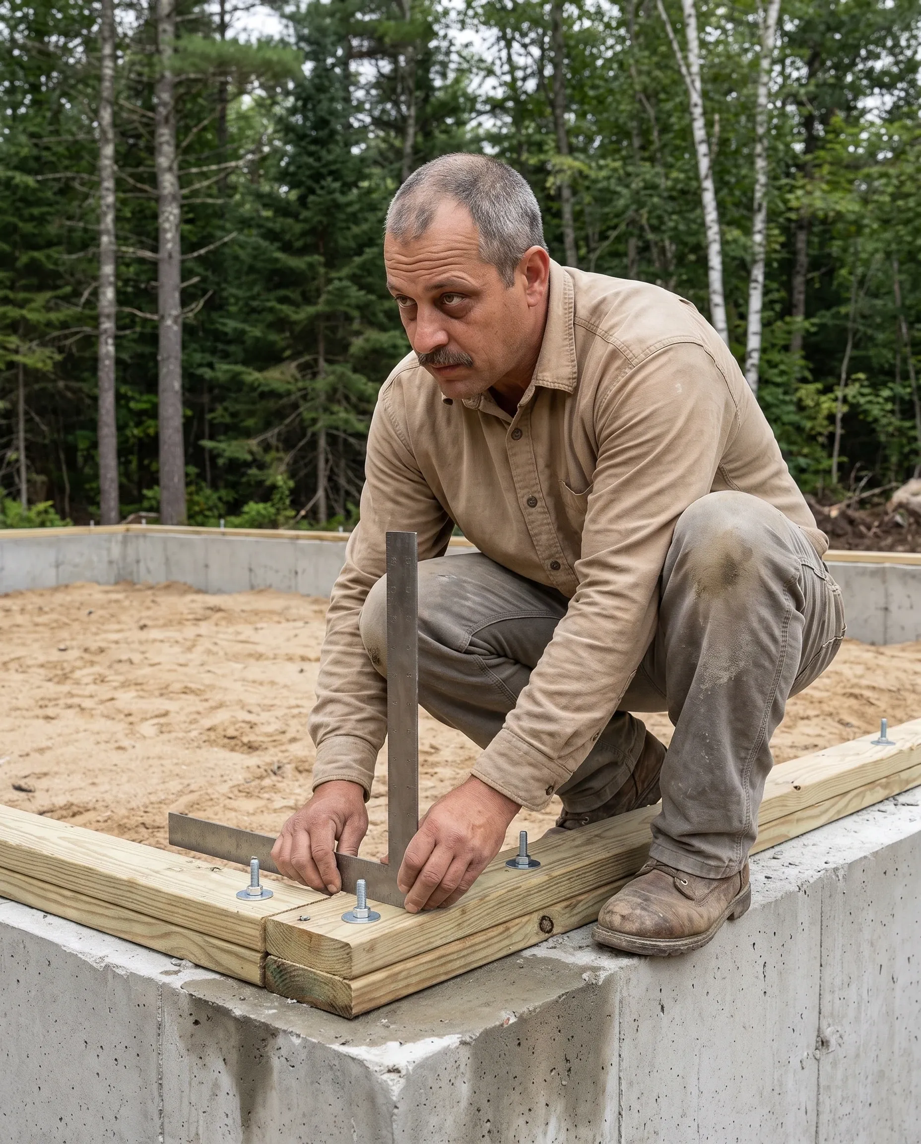 Ron Michaud setting a steel framing square against the corner of a new sill plate bolted to a poured concrete foundation