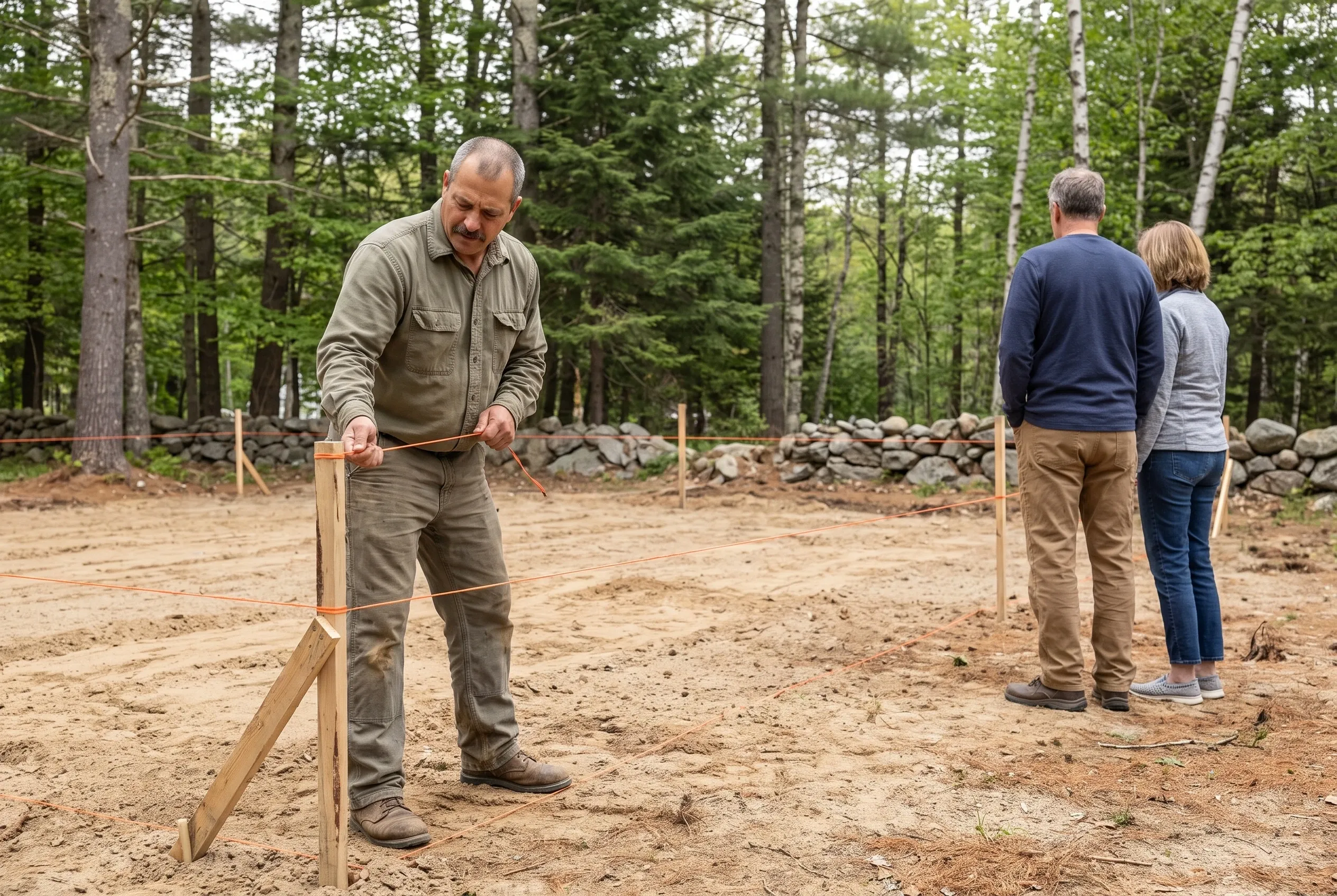 Ron Michaud pulling a string line taut between two wooden survey stakes on a cleared house site while a couple, seen from behind, studies the staked corners