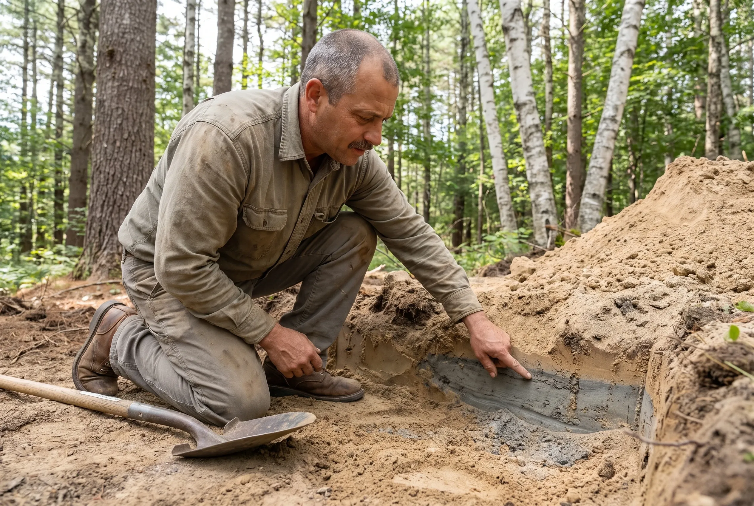 Ron Michaud kneeling beside an open test pit on a wooded Biddeford house lot, pointing to the band of gray silt below the sandy topsoil in its wall
