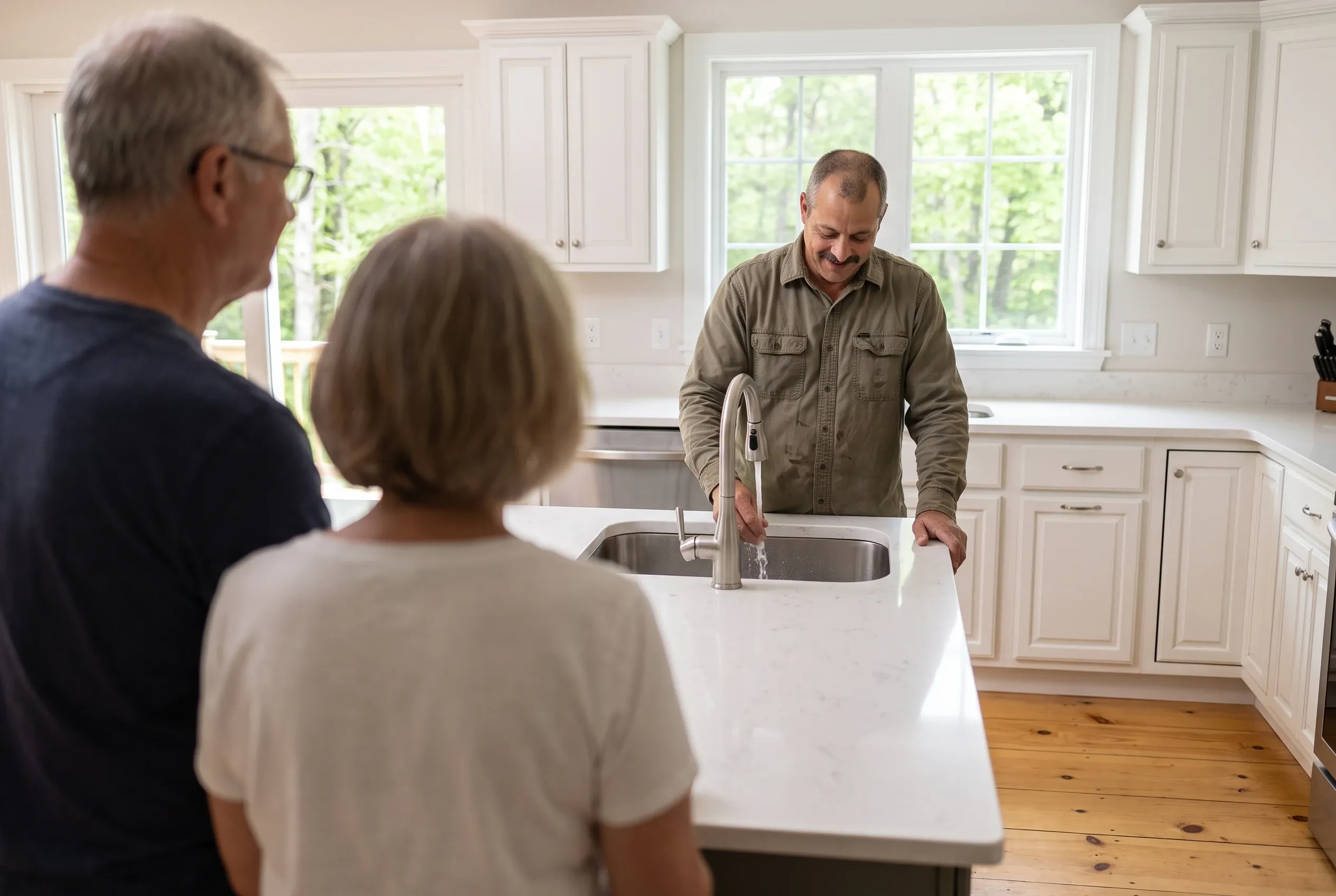 Ron Michaud and two homeowners, seen from behind, in the kitchen of a just-finished new house, Ron running the faucet at the island sink