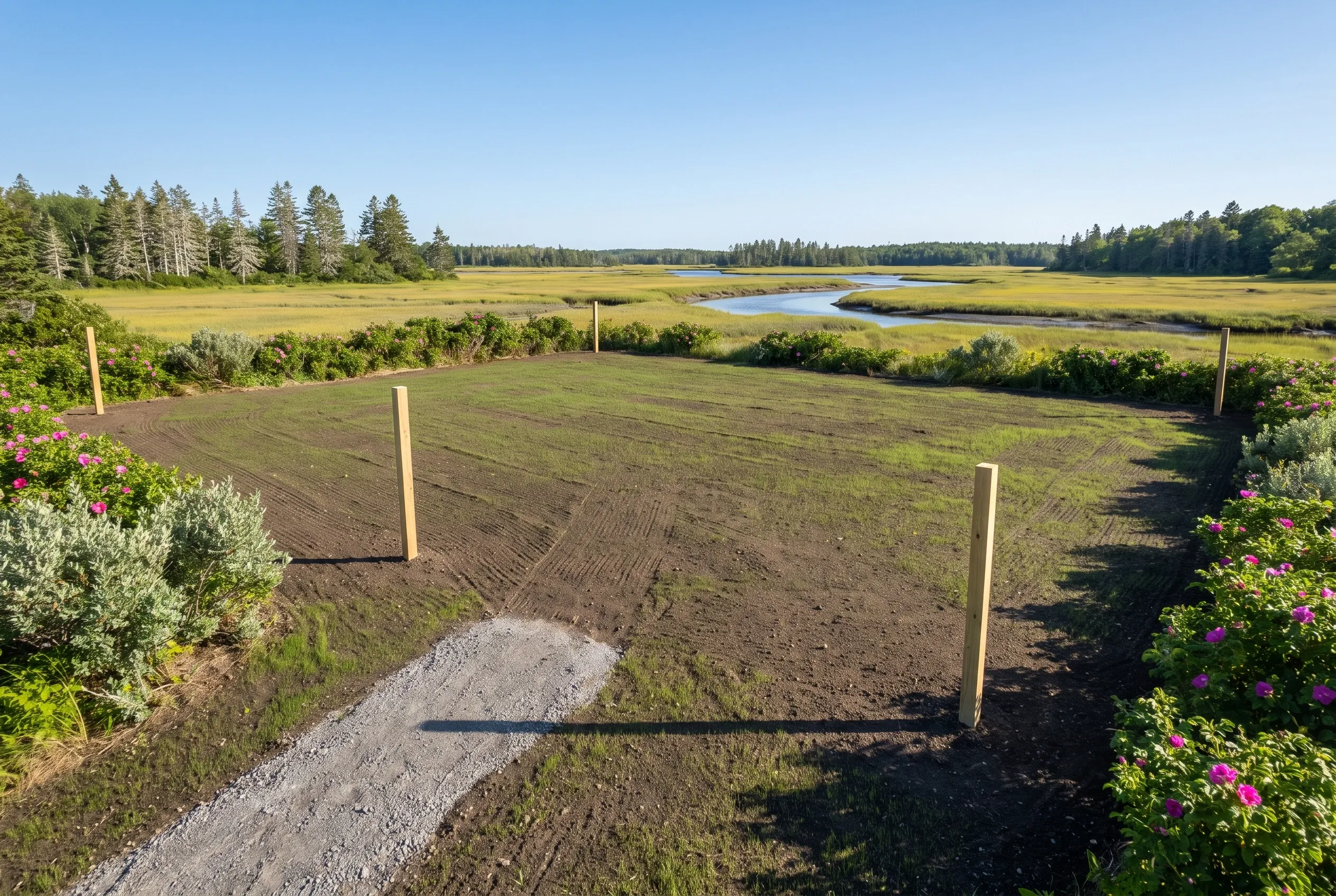Vacant Land Plot: Empty residential lot with wooden corner posts, gravel driveway, flowering bushes, overlooking meadow and forest in Maine.