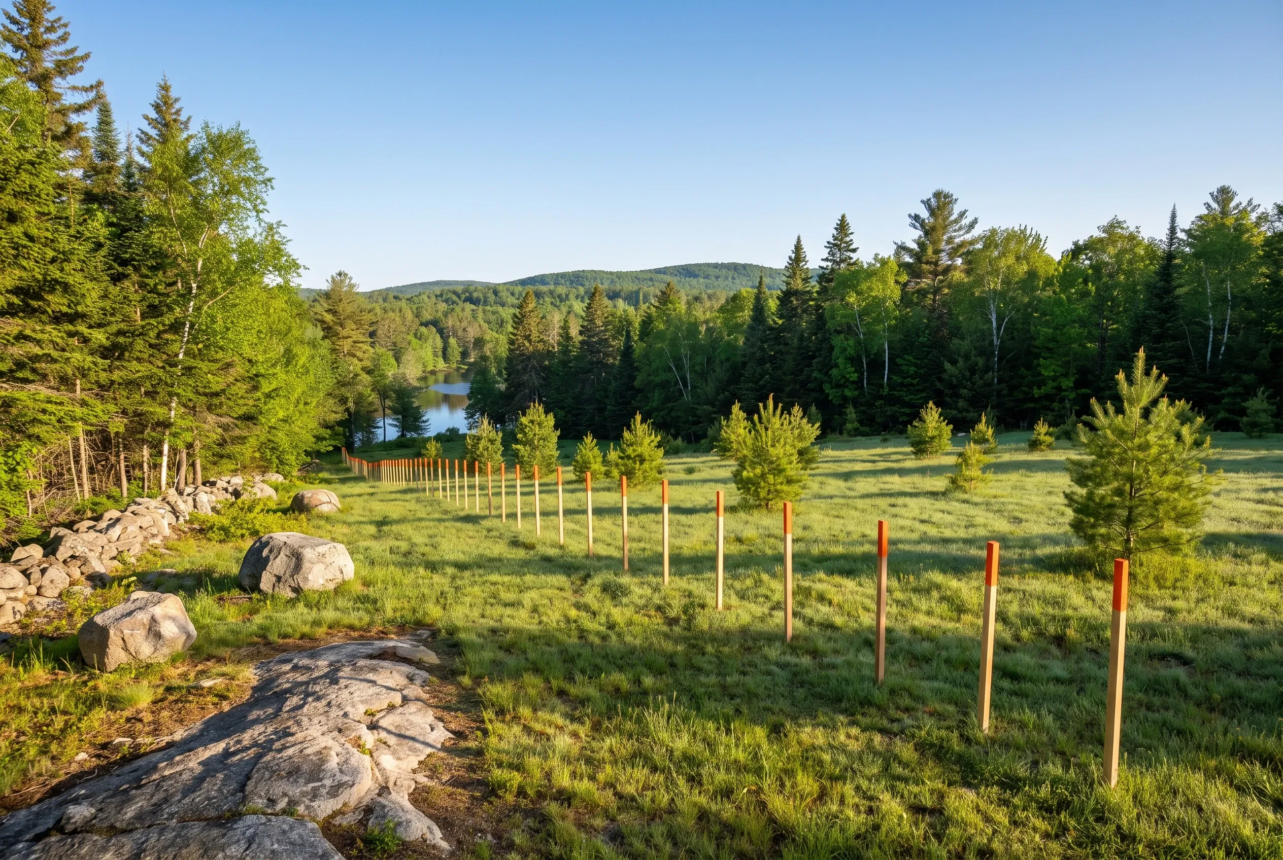 Land Development: Open field with wooden stakes and young trees planted in rows, forest and lake in background, Maine landscape.