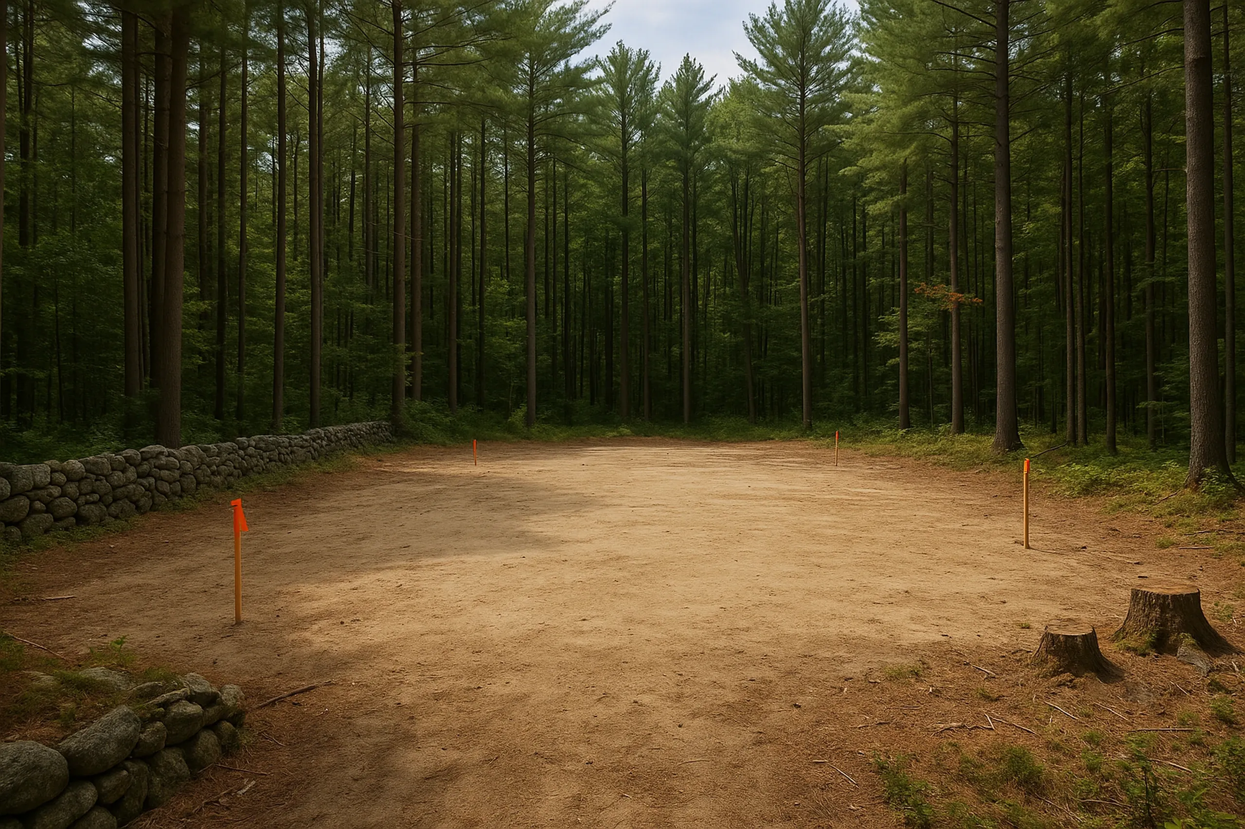 Cleared Forest Lot: An empty dirt clearing surrounded by tall pine trees with orange surveyor markers and tree stumps visible in a Maine forest.