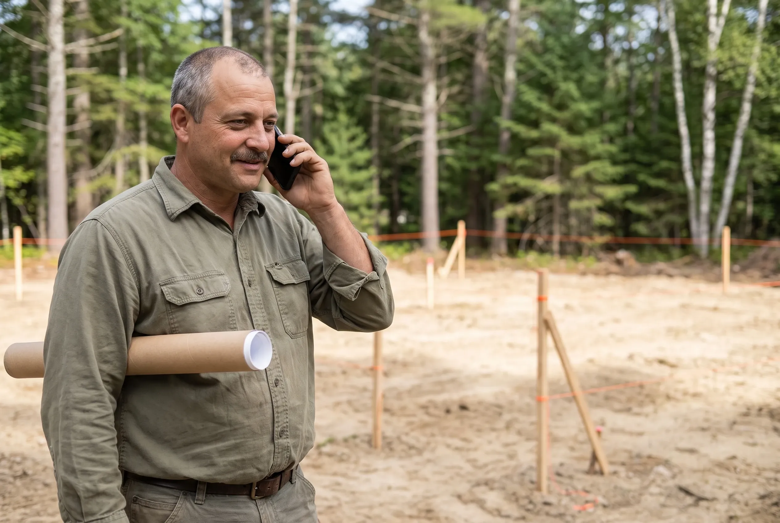 Ron Michaud on the phone at the edge of a cleared, staked house lot ringed by tall pines in Biddeford, a rolled site drawing tucked under one arm