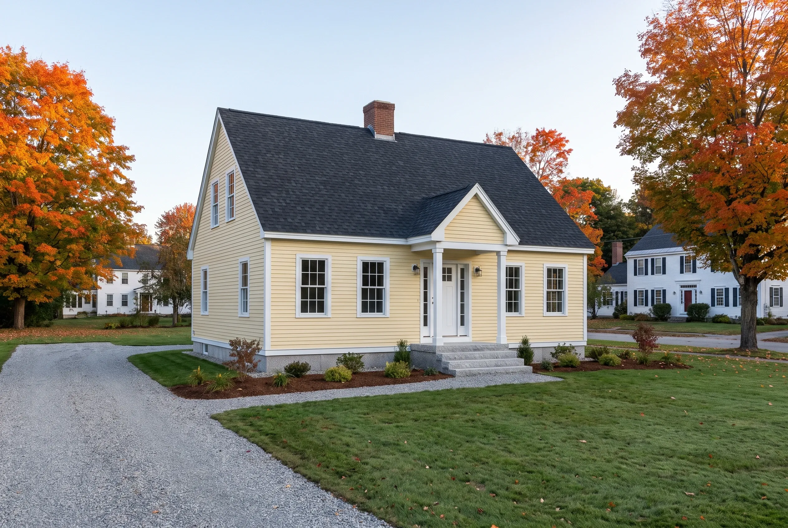 Yellow Cape Cod in Alfred, ME: A yellow-sided cape cod house with dark roof and white trim sits on a lawn surrounded by fall foliage trees.