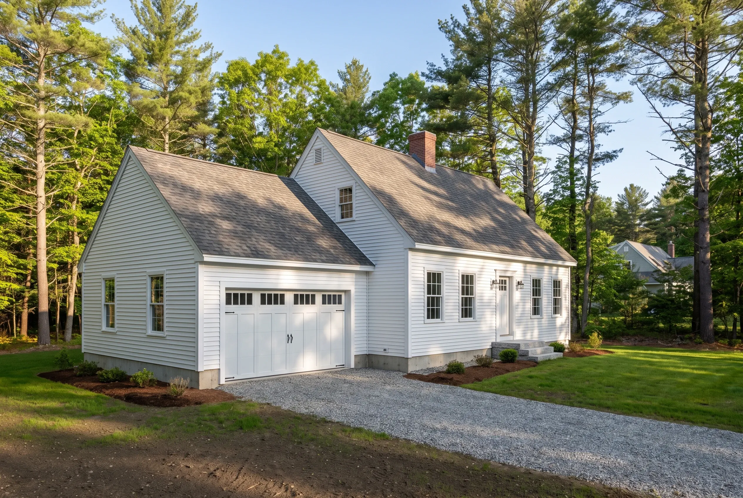 White Cape Cod home in Alfred, ME: A white-sided cape cod house with gray roof, attached garage, and brick chimney sits on a gravel driveway surrounded by tall pine trees and green lawn.