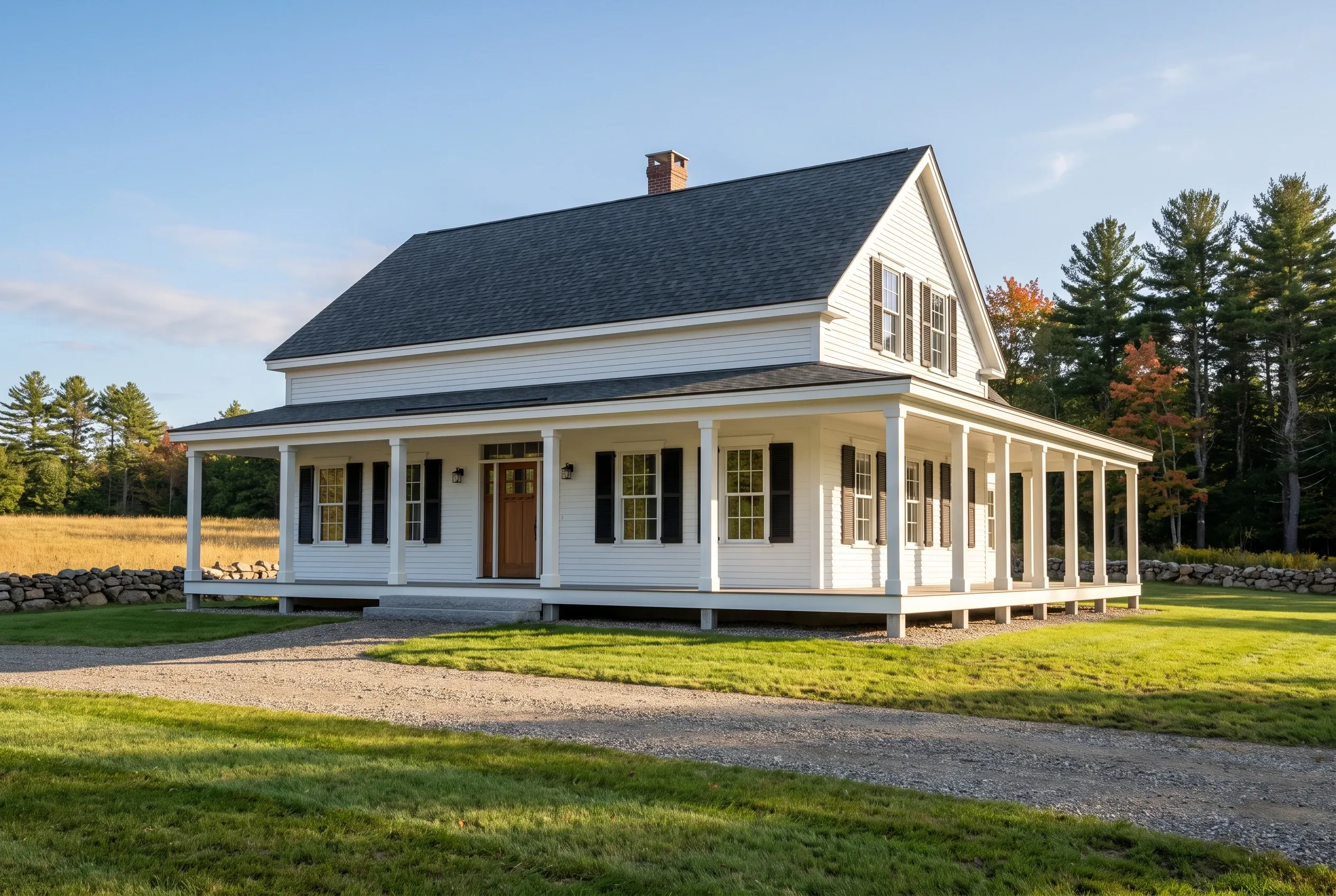 Custom home builder in Alfred, ME: White farmhouse with black roof, wraparound porch, surrounded by green lawn and autumn trees.