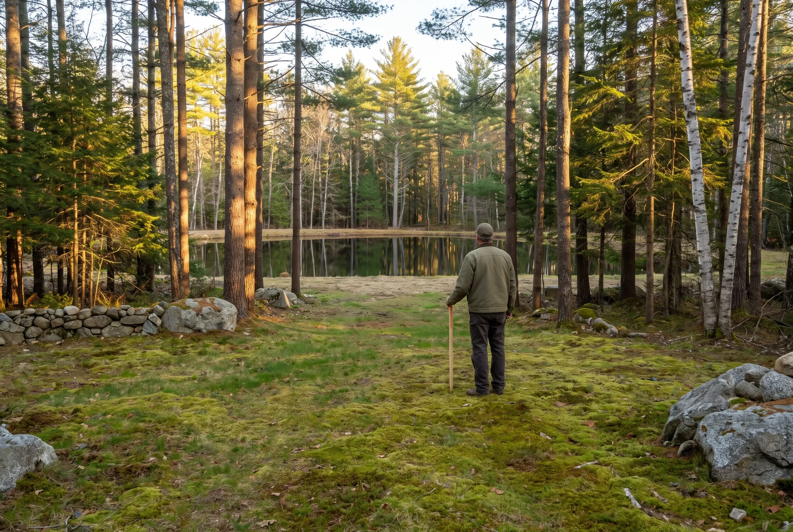 Man walking toward lake in forest, Alfred ME: Person in olive jacket walking with walking stick through moss-covered ground toward still water surrounded by tall pines and birch trees.