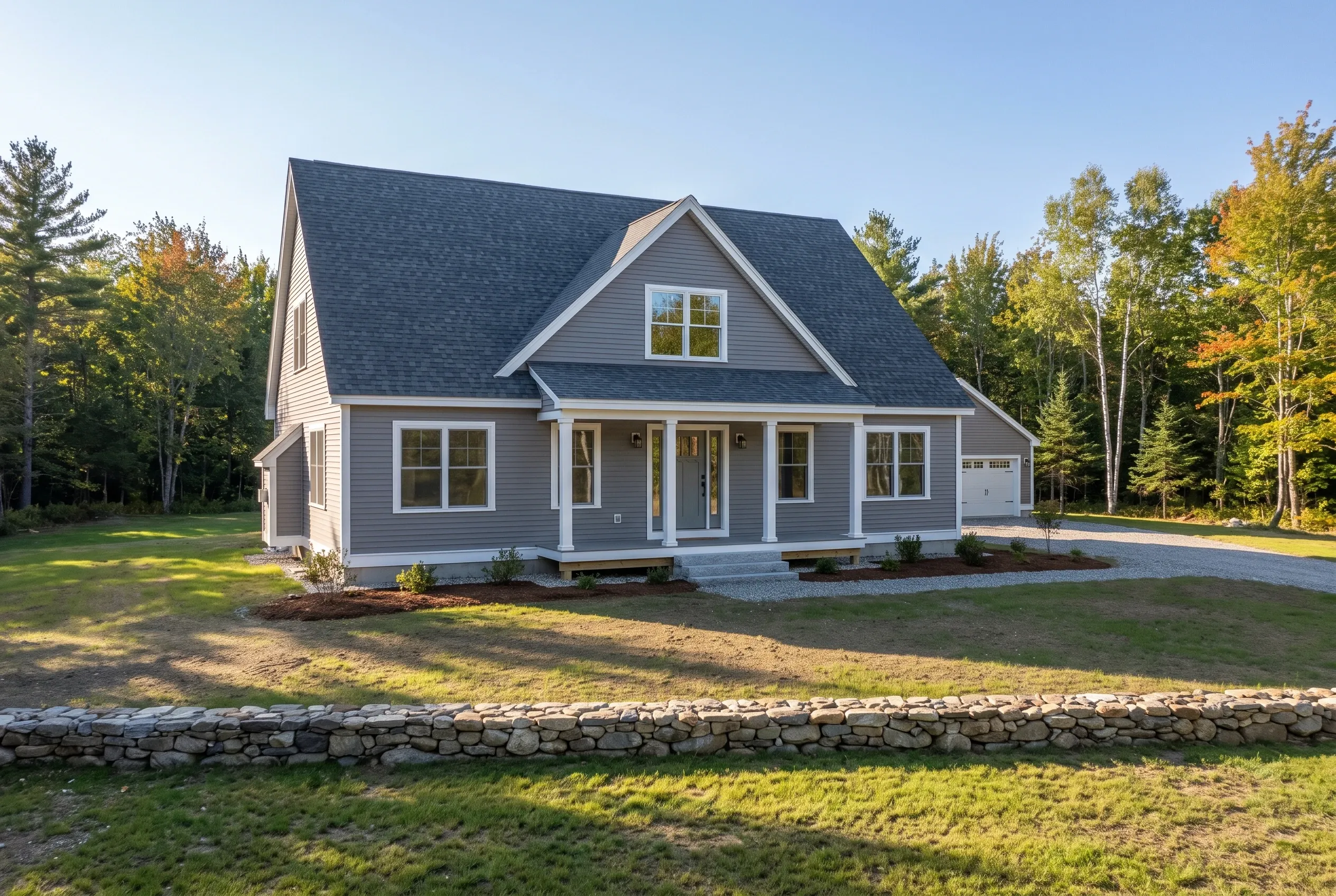 Modern farmhouse in Alfred, Maine: Gray and white two-story house with front porch and garage set among trees with stone wall in foreground.