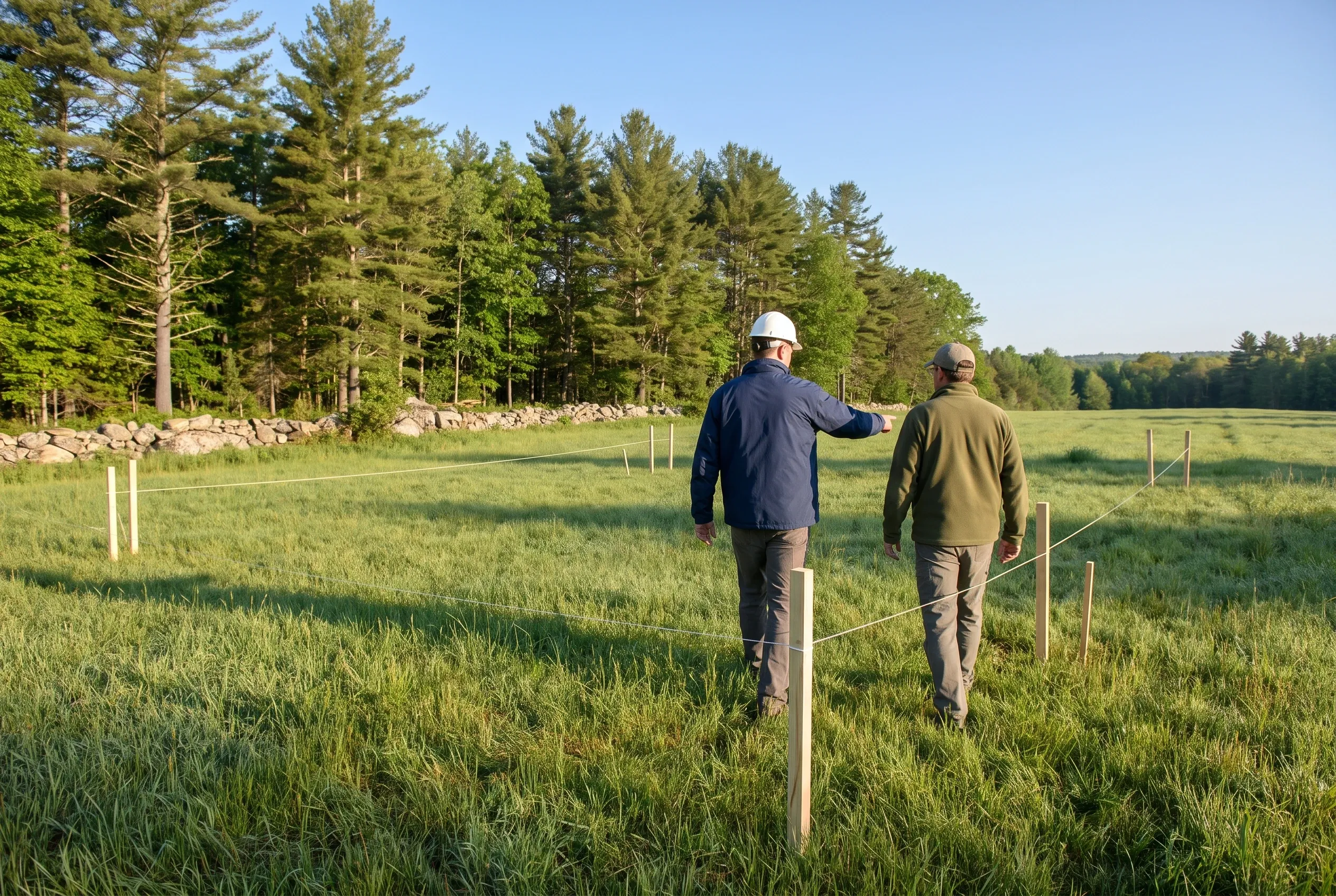 Land Survey in Alfred, ME: Two men walking through a grassy field with wooden survey stakes, coniferous forest in background.