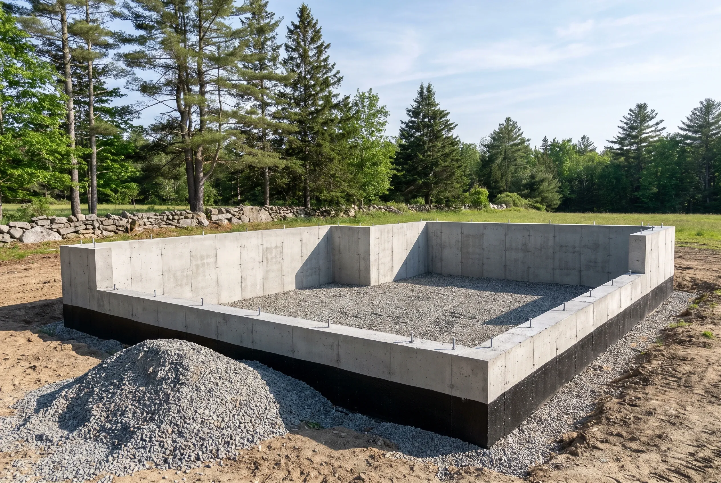 Concrete foundation in Alfred, ME: A concrete foundation with interior walls under construction sits on a gravel base in a wooded rural setting with evergreen and deciduous trees in the background.