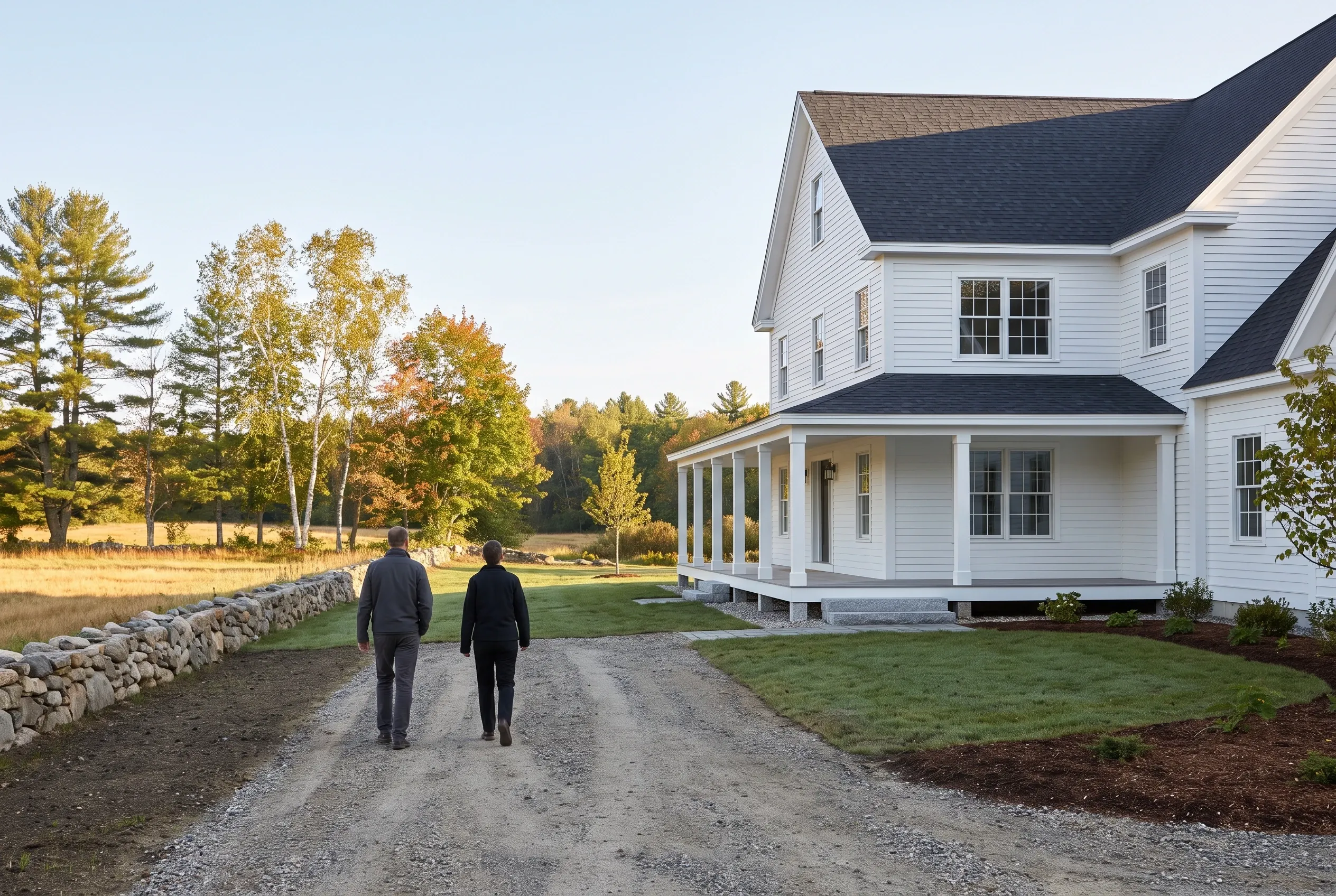 White Colonial Home in Alfred, ME: Two people walk down a gravel driveway toward a two-story white house with dark roof, front porch with columns, and stone wall, surrounded by fall foliage.