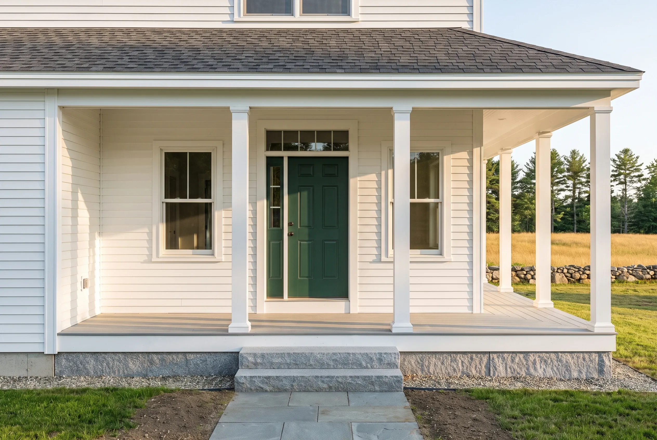 New England farmhouse in Alfred, ME: White-sided home with green front door, white columns, stone foundation, and covered porch overlooking fields and evergreen trees.