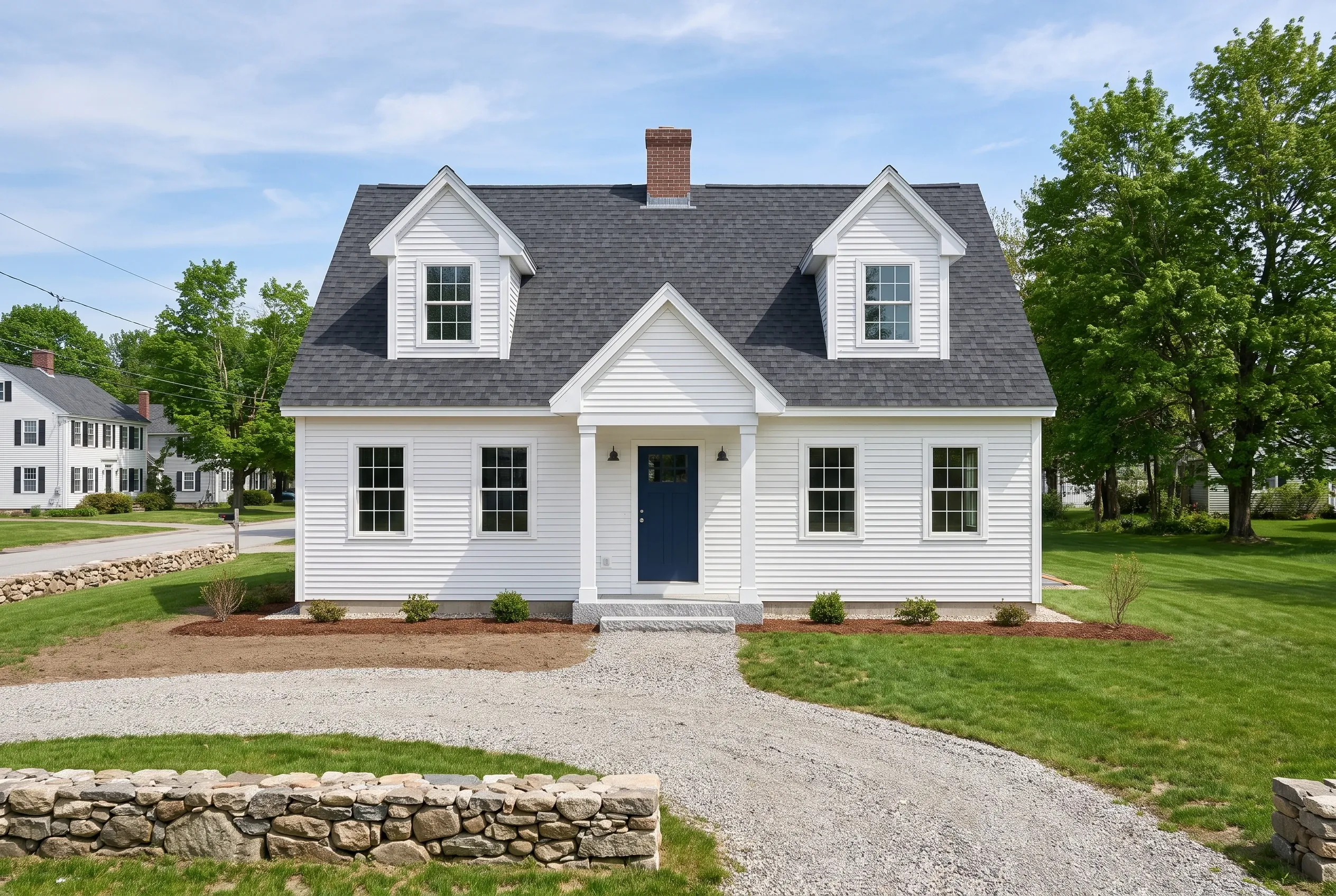 White Colonial Home in Alfred, ME: A two-story white vinyl-sided house with gray roof and dormers, navy blue front door, stone foundation, gravel driveway, and landscaped lawn surrounded by trees.