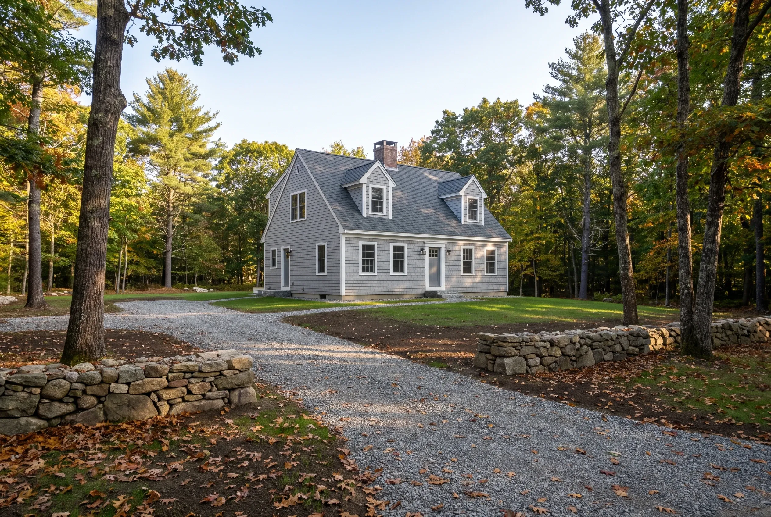 New England Colonial home in Arundel, ME: Gray siding house with white trim, black roof, and dormer windows set among tall trees with gravel driveway and stone walls.