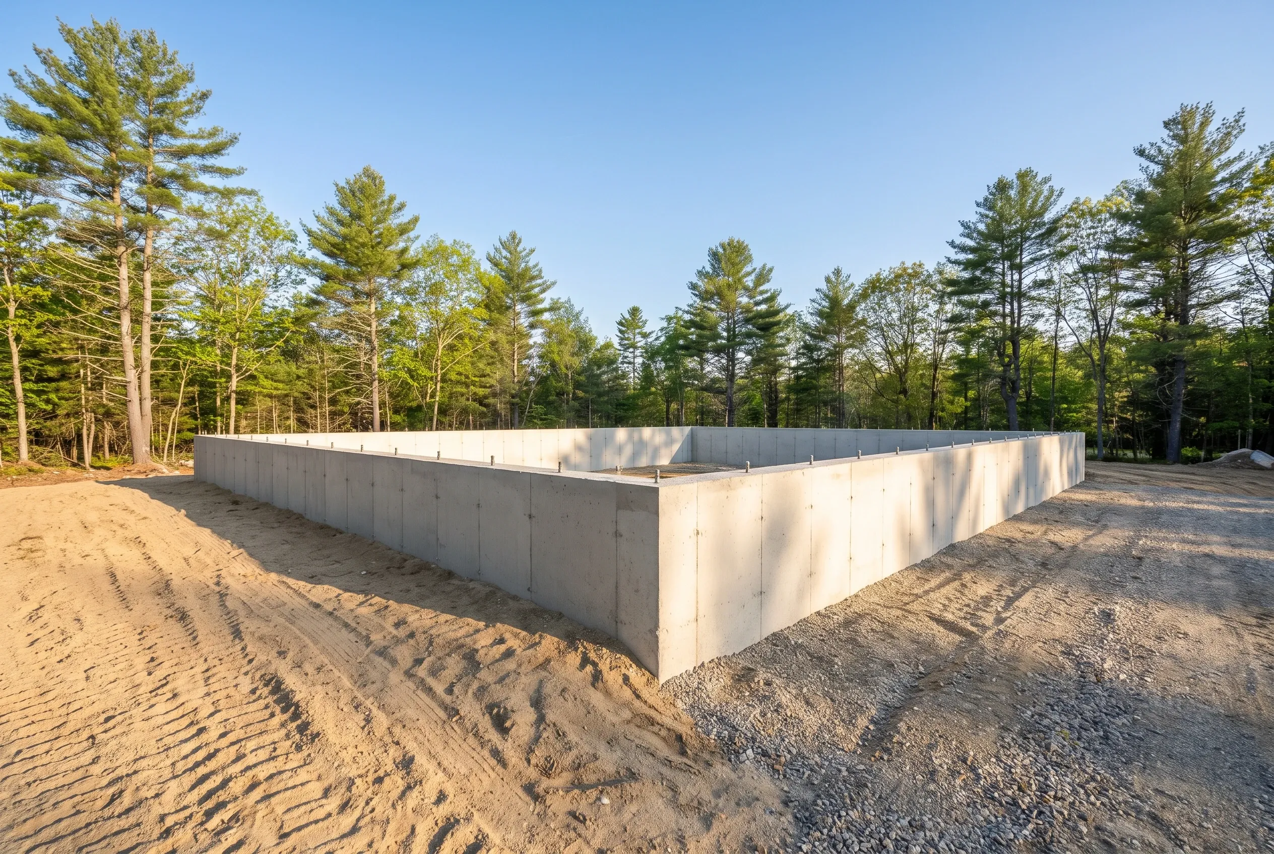 Concrete foundation in Arundel, ME: Large rectangular concrete foundation with light gray walls surrounded by sandy soil and pine forest under clear sky.