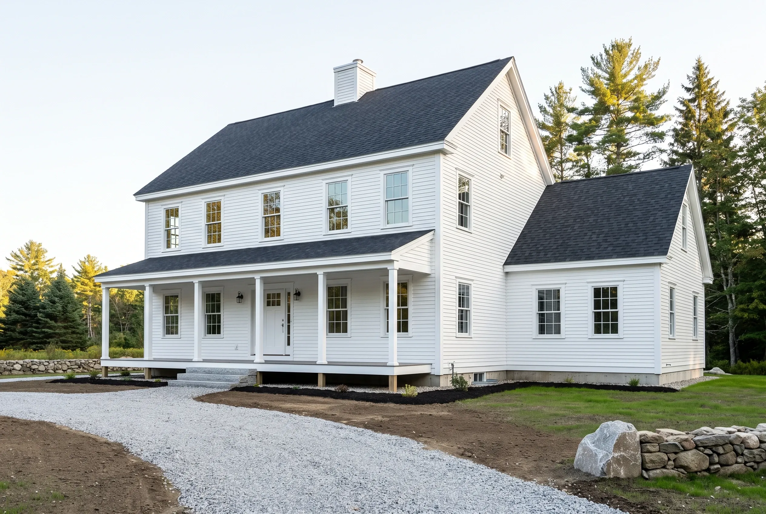 Custom home builder in Arundel, ME: White two-story farmhouse with black roof, front porch, white trim, gravel driveway, surrounded by evergreen trees.