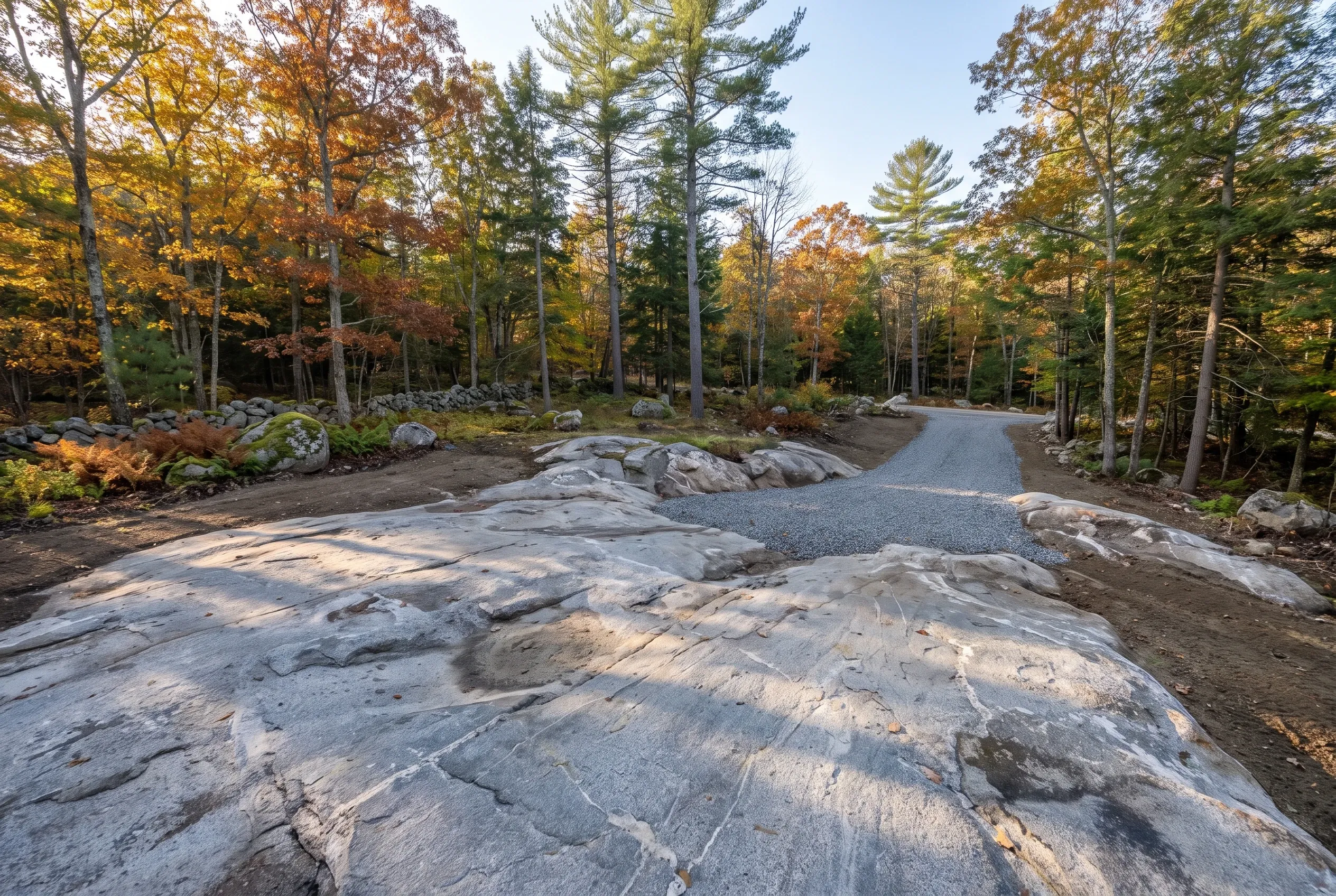 Natural stone driveway in Arundel, ME: Curved gravel driveway with exposed bedrock outcroppings surrounded by mature trees displaying fall foliage.