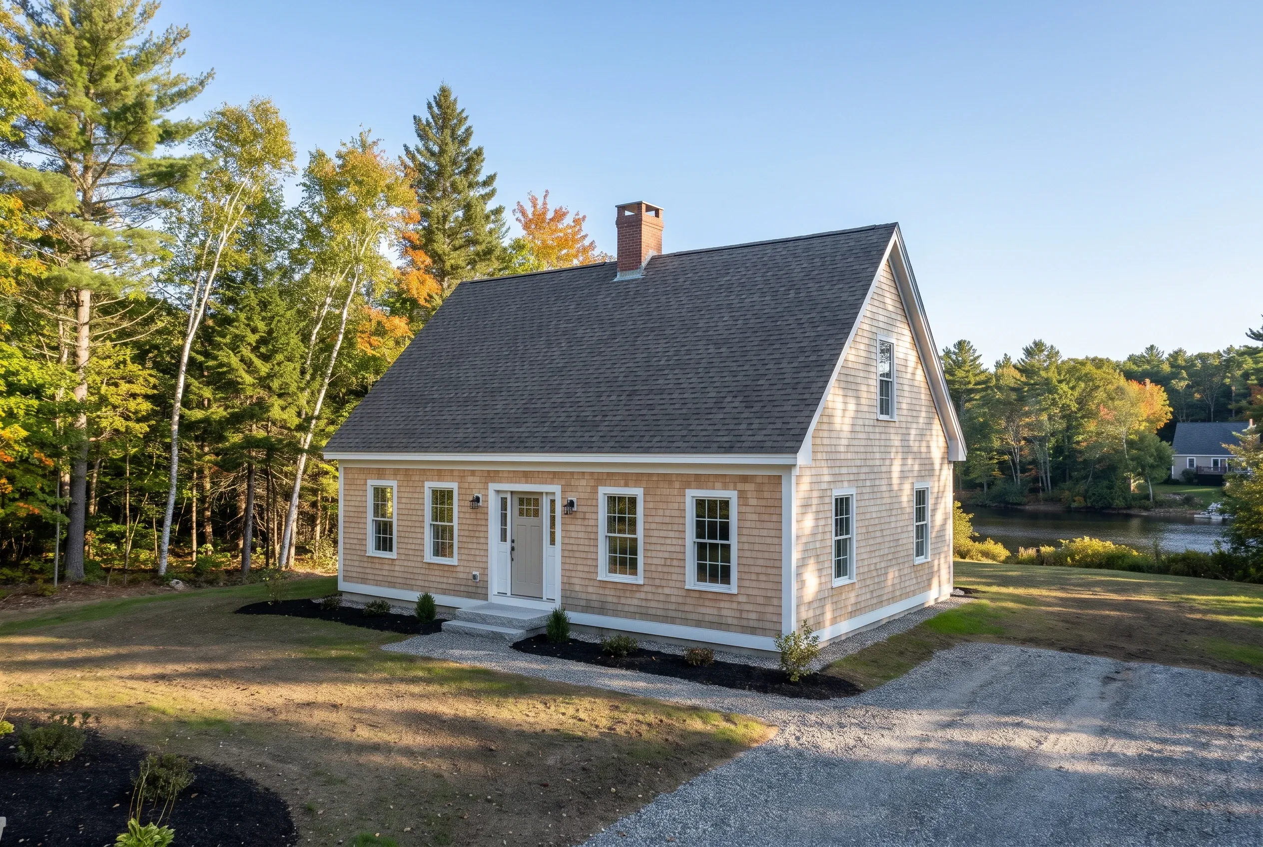 New England cottage in Arundel, ME: Single-story house with tan cedar shake siding, white trim and doors, dark gray roof with brick chimney, situated on gravel driveway surrounded by evergreen and deciduous trees with fall foliage, water visible in background.
