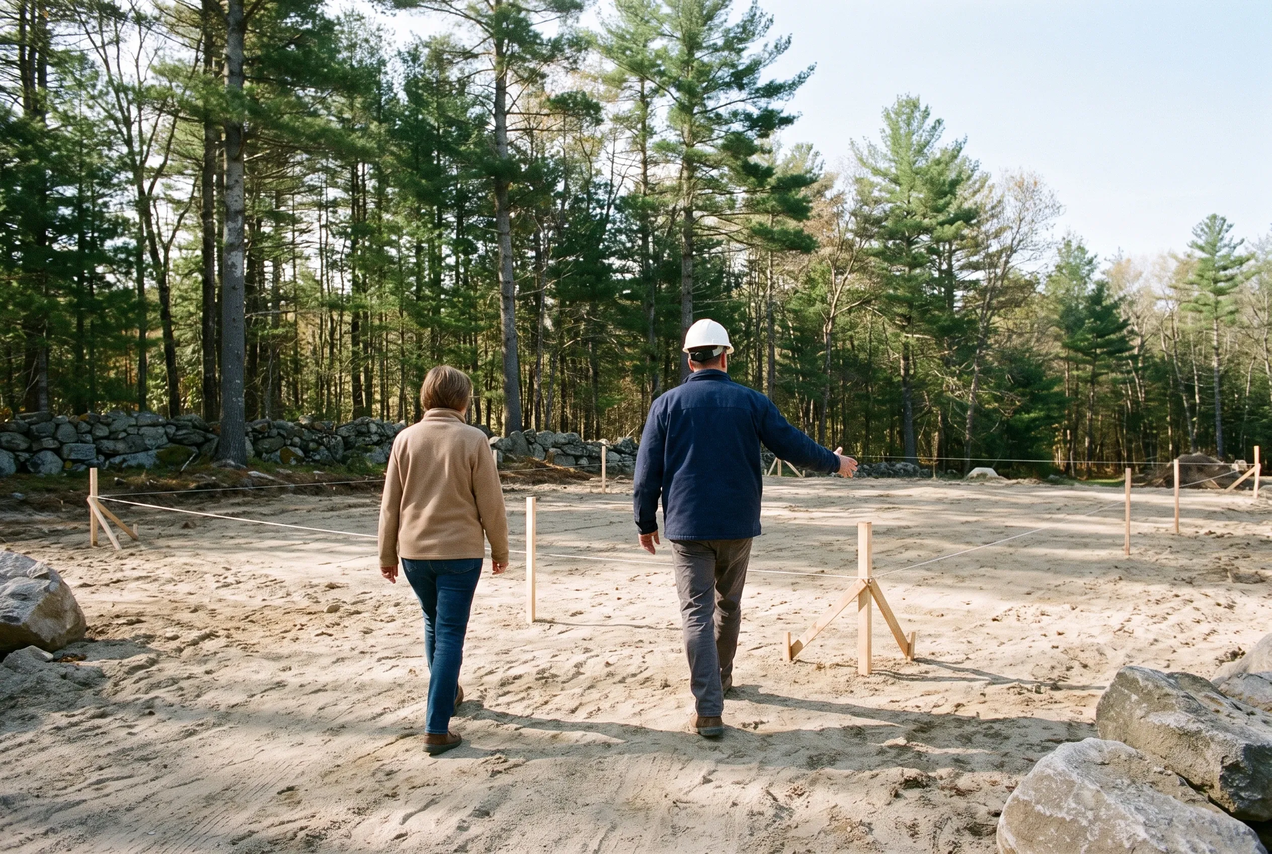 Custom home construction site in Arundel, ME: Two people walking on sandy lot with wooden survey markers, surrounded by forest and stone walls.