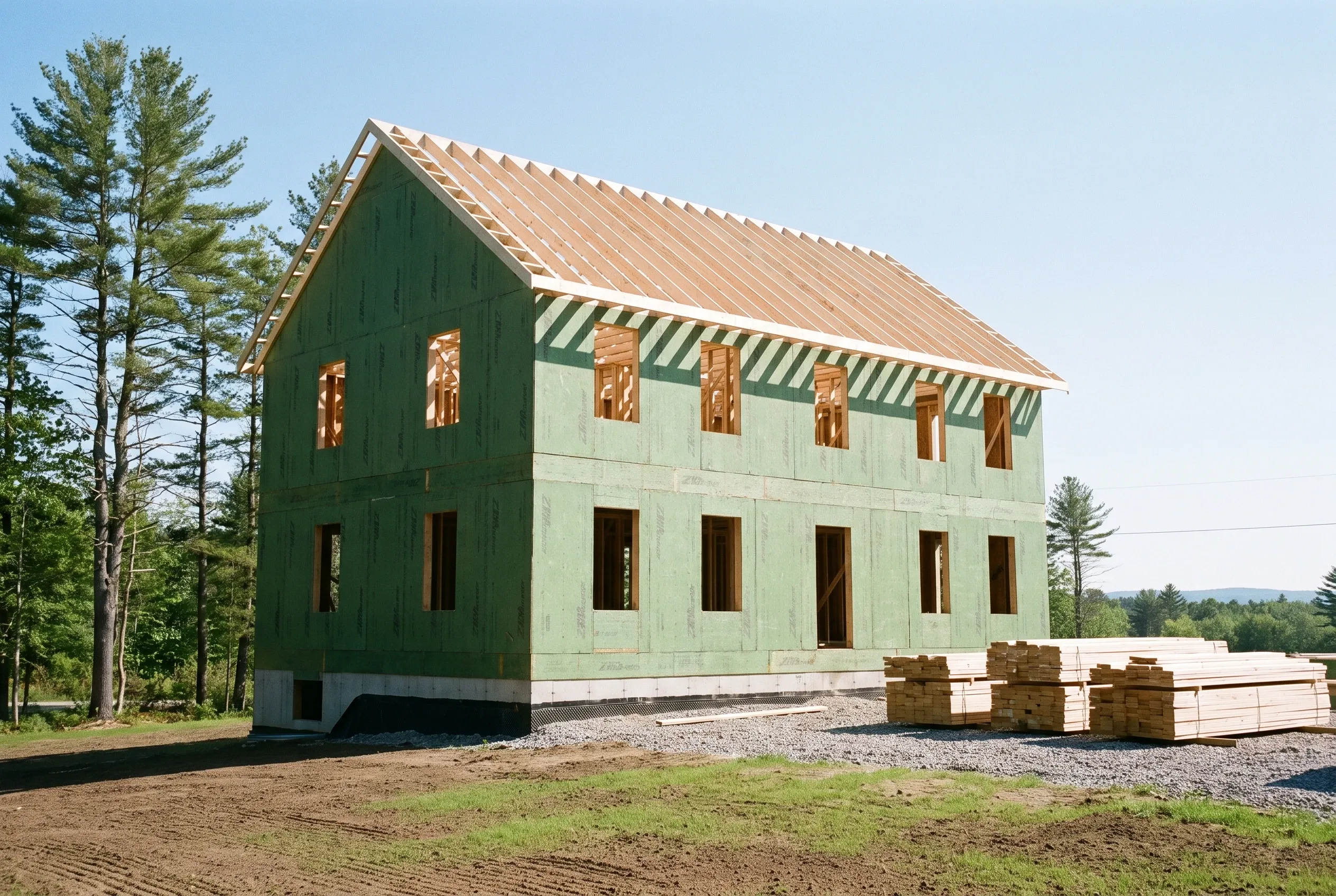 New construction home in Arundel, ME: Two-story house with green and light green exterior, copper roof, brown wooden trim, situated on gravel lot with stacked lumber nearby and evergreen trees in background.