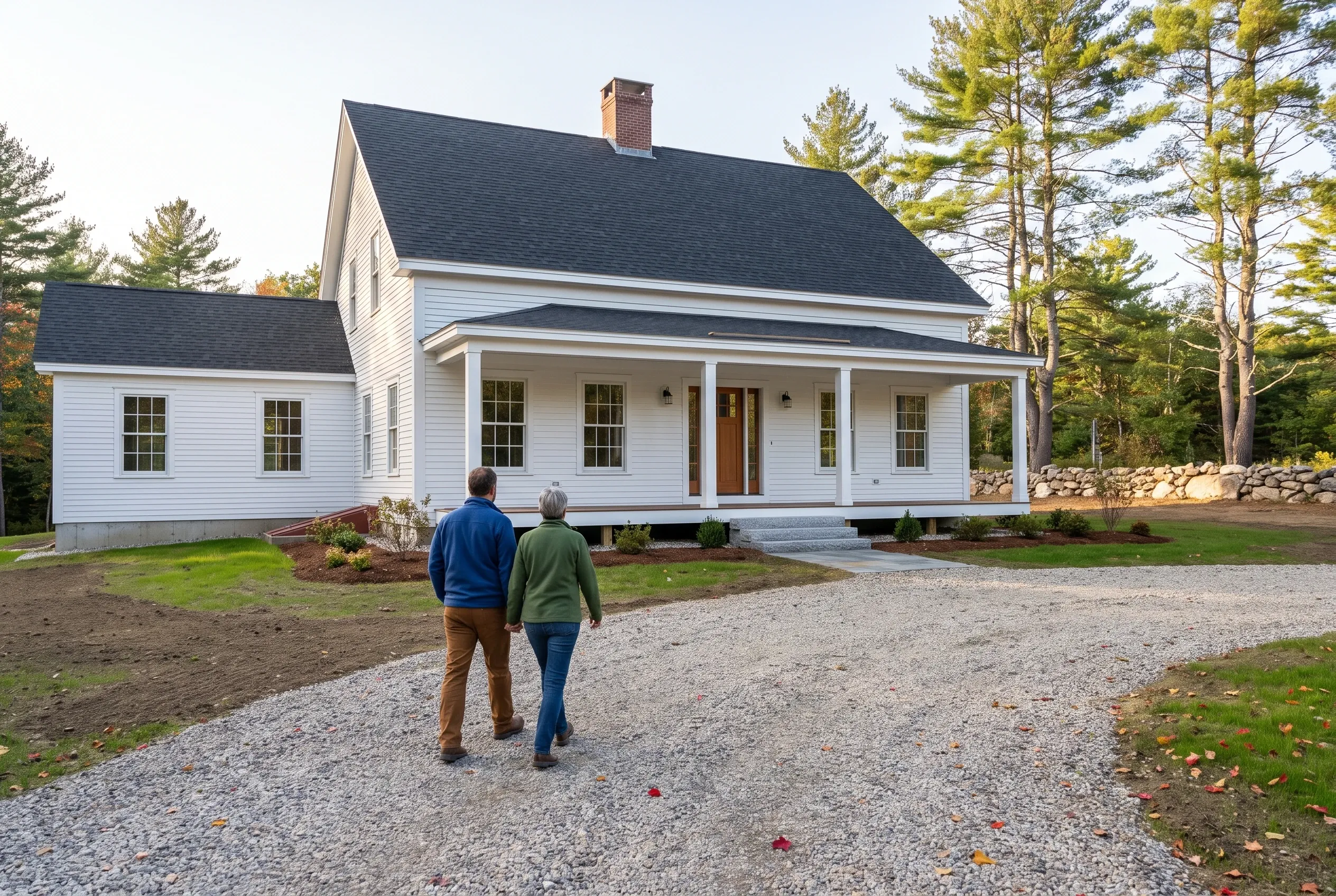 Modern farmhouse in Arundel, ME: Two people walk on a gravel driveway toward a white single-story house with a front porch, dark roof, and brick chimney, surrounded by evergreen trees.