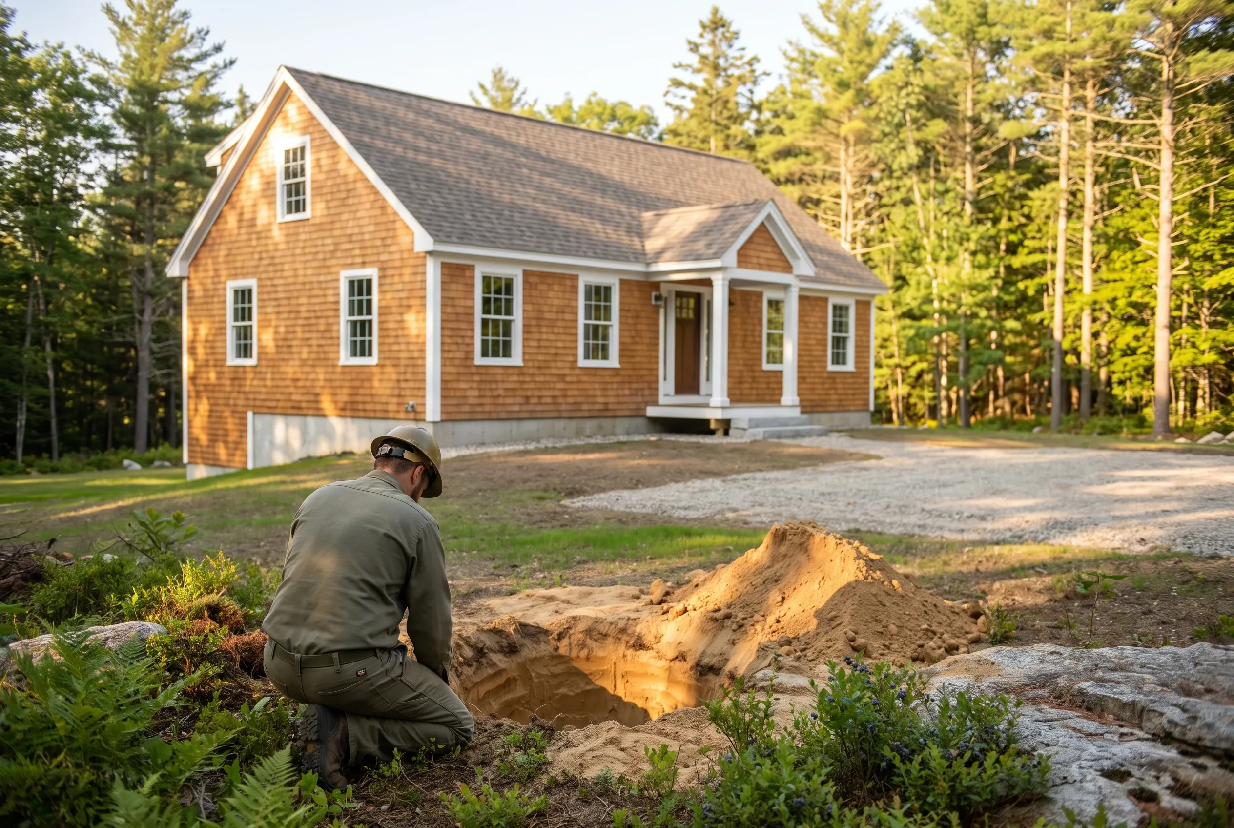 New custom home in Arundel, ME: Worker examines excavated foundation area in front of wood-shingled house with white trim and dark roof, surrounded by pine forest.