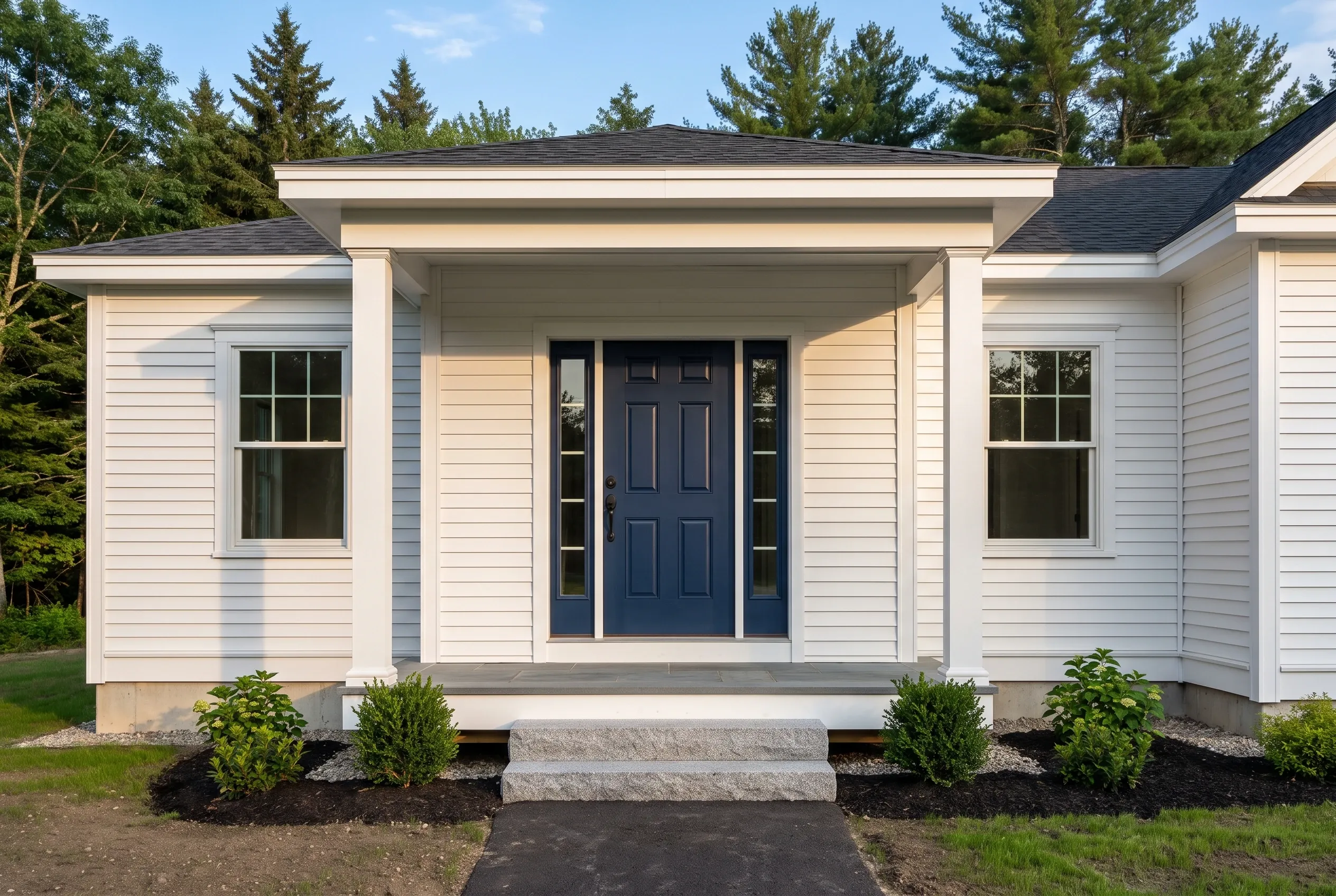 Modern cottage in Arundel, ME: White horizontal vinyl siding with dark roof, navy blue front door, white trim, stone foundation, landscaped front with shrubs, evergreen trees in background.