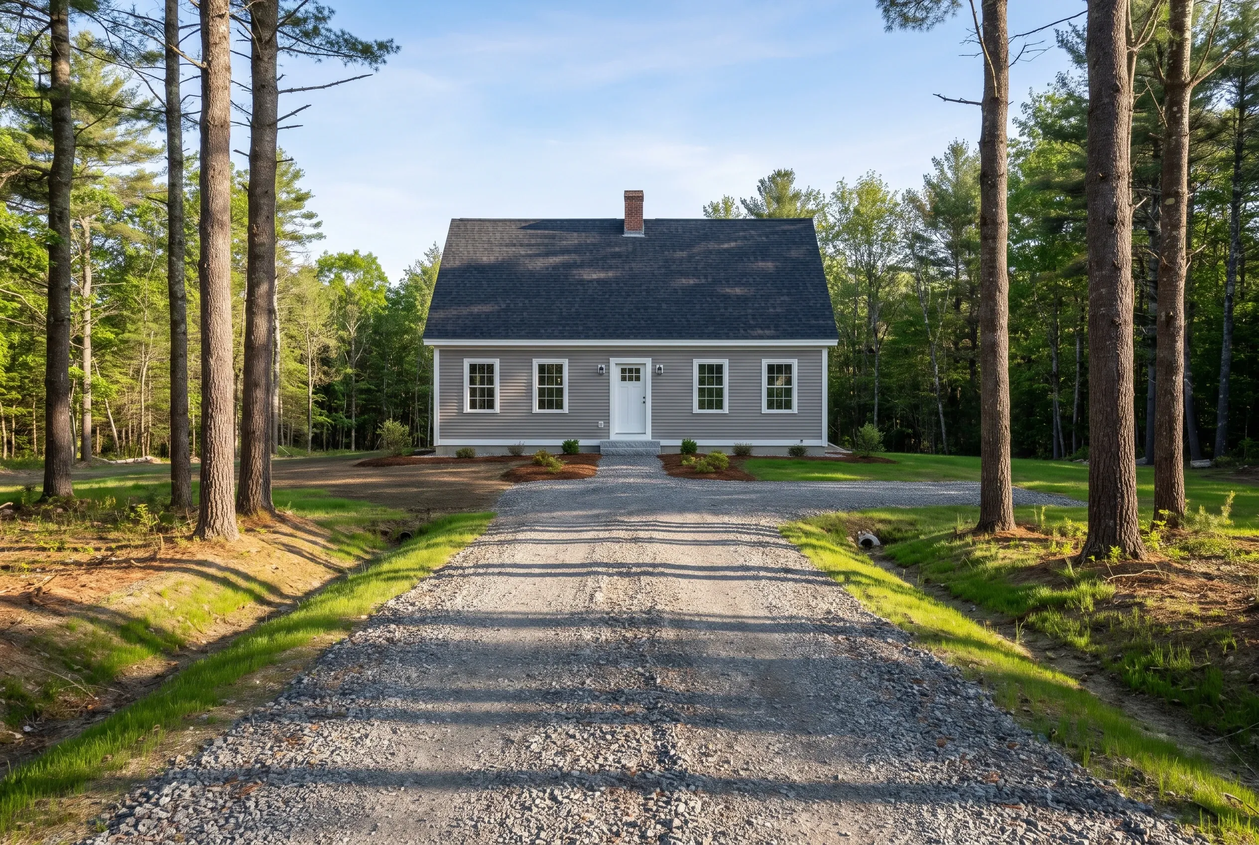 New England cottage in Buxton, Maine: Gray and white single-story house with dark roof, surrounded by tall pine trees, gravel driveway, clear sky, no people visible.