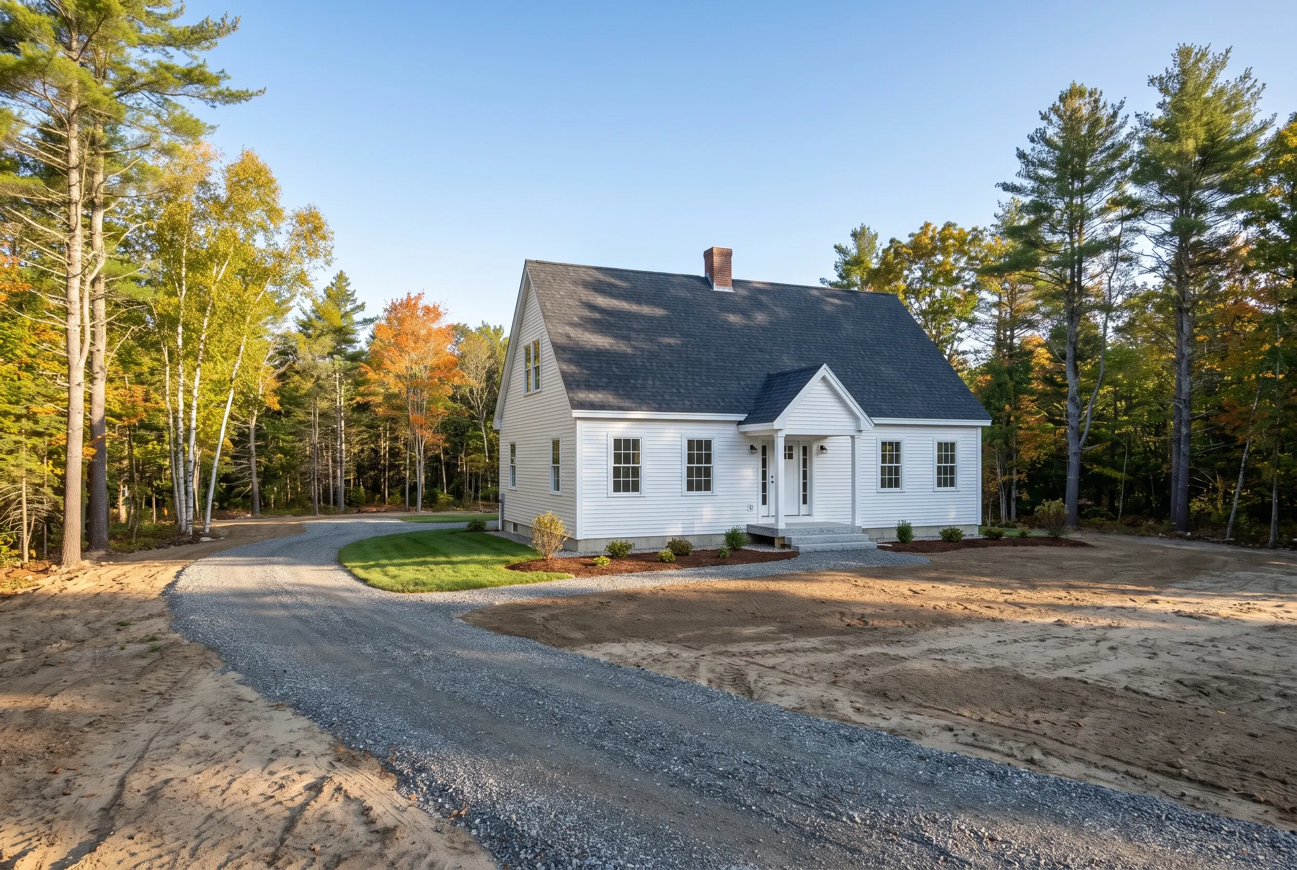 White farmhouse in Buxton Maine: A white single-story farmhouse with dark roof and brick chimney sits on a gravel driveway surrounded by pine and birch trees in autumn.