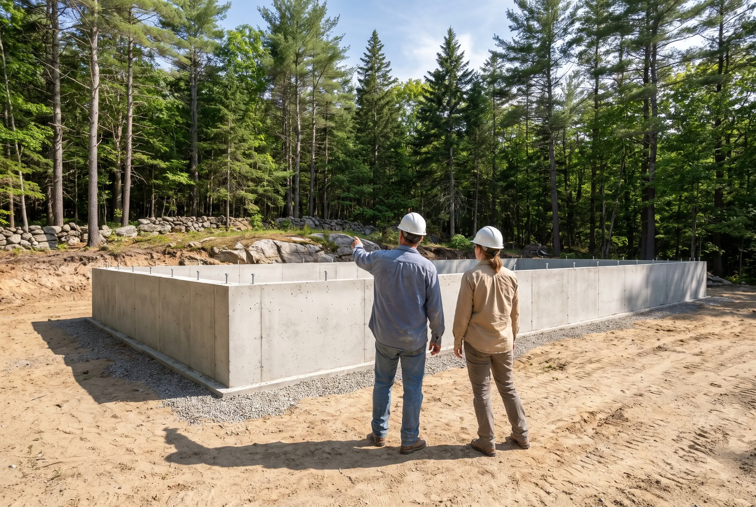 Concrete foundation in Buxton, ME: Two workers in hard hats inspect a poured concrete foundation for a new home construction surrounded by forest and sandy soil.