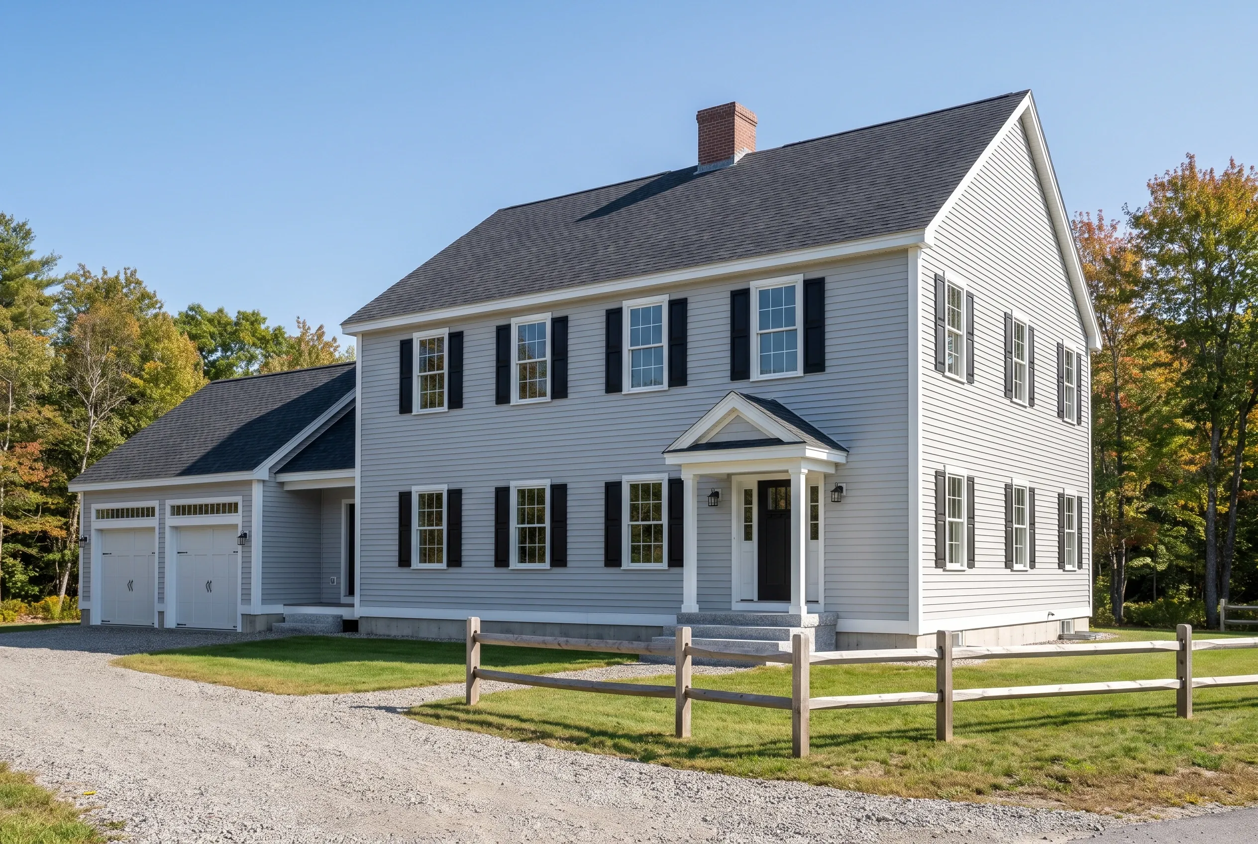 Custom home builder in Buxton, ME: Two-story white colonial home with black shutters, gray roof, brick chimney, attached garage, front porch, white fence, gravel driveway, surrounded by trees.