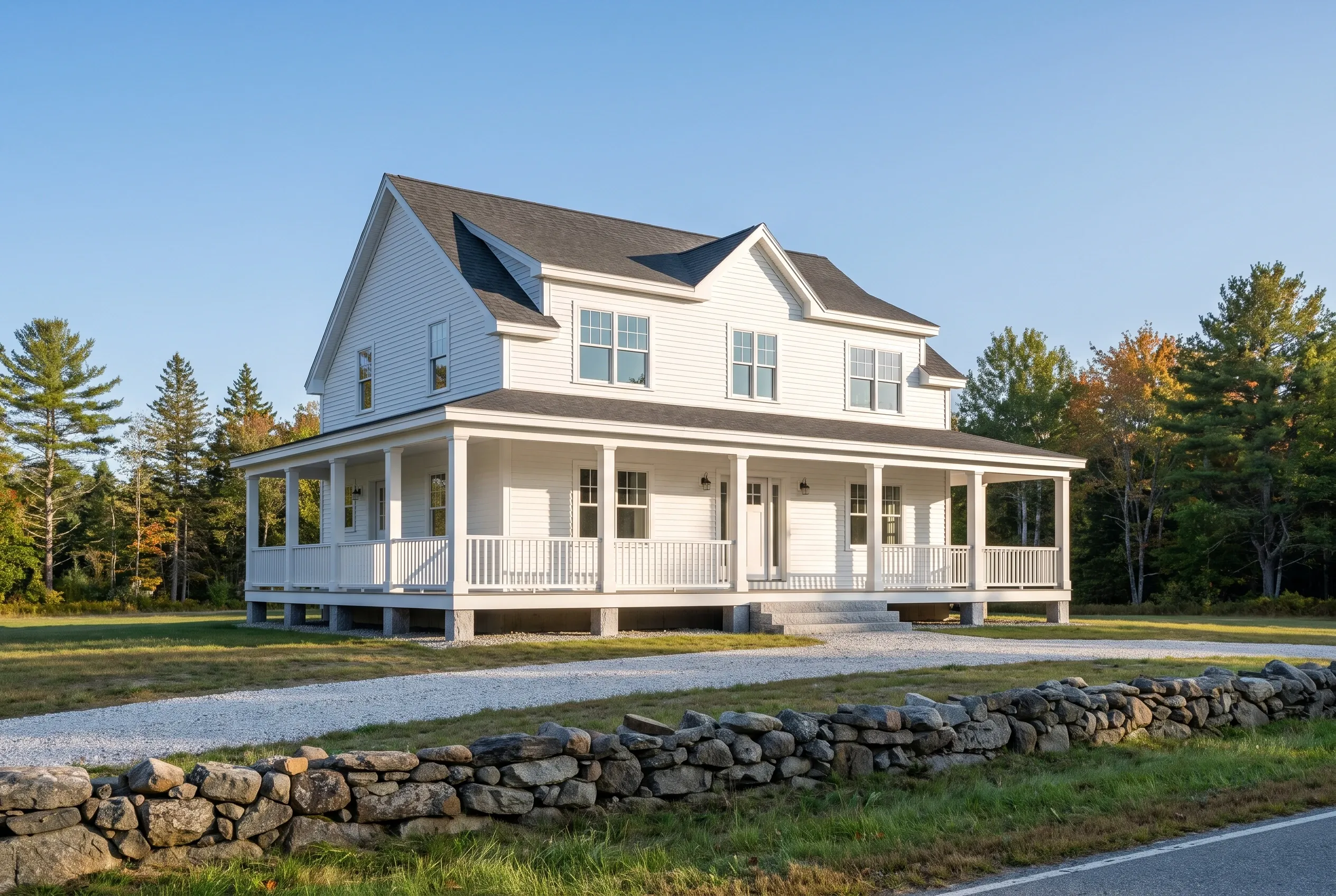 White Farmhouse in Buxton, ME: Two-story white farmhouse with wrap-around porch, gray roof, and dormer windows surrounded by trees and stone wall.