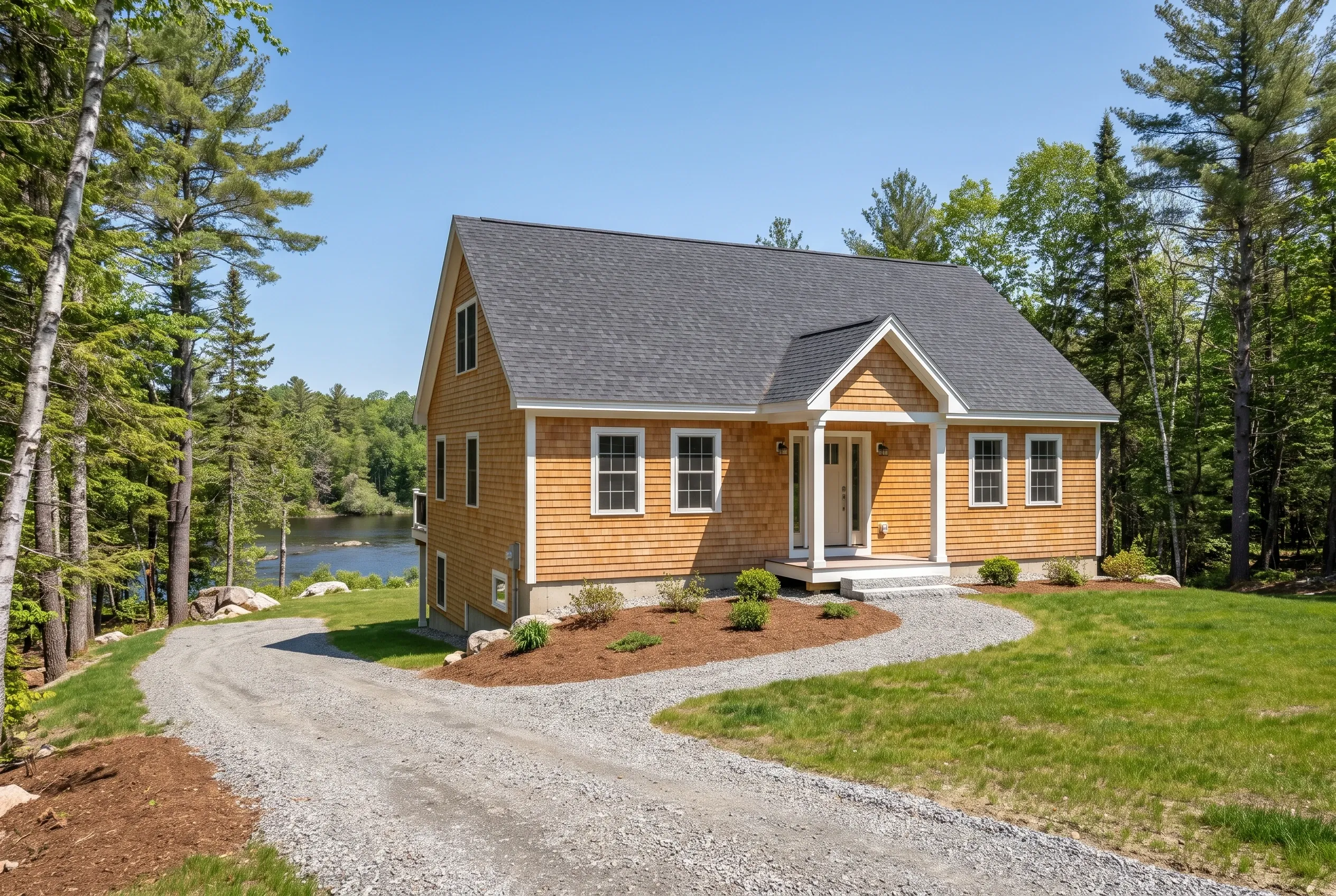 New custom home in Buxton Maine: A single-story house with tan cedar shake siding, white trim, and gray asphalt shingle roof sits on a gravel driveway surrounded by evergreen trees, with a lake visible in the background.
