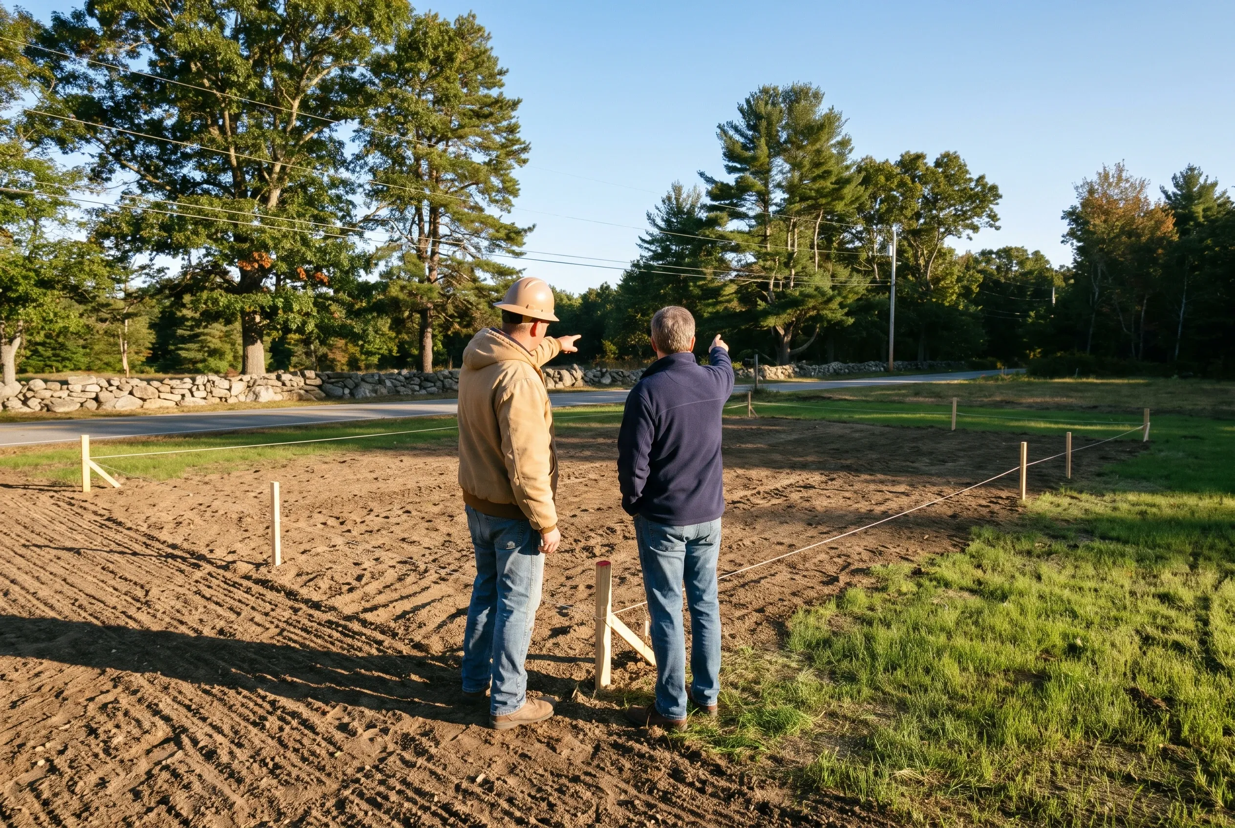Construction site overview in Buxton Maine: Two men stand on cleared land with white markers, examining the property with trees and stone wall visible in background.