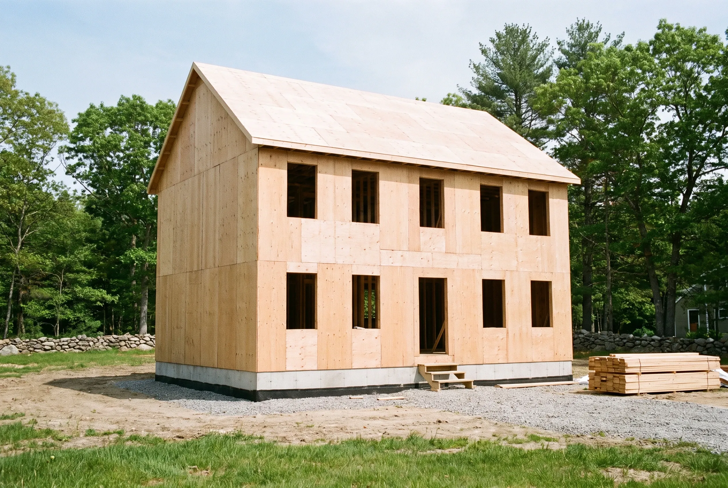 Two-story home framing in Buxton, ME: Unfinished wooden house frame with plywood sheathing, multiple window openings, pitched roof, concrete foundation, surrounded by trees and construction materials.