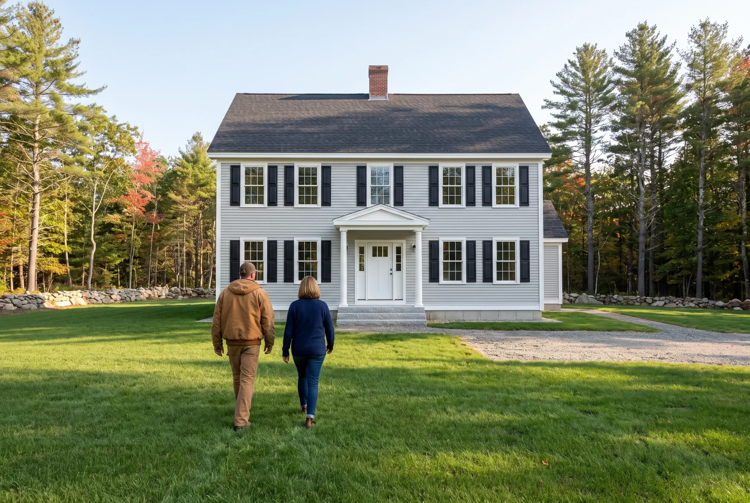 Colonial home in Buxton, Maine: Two-story white colonial with black shutters, brick chimney, and dark roof. Couple walking toward house across green lawn surrounded by tall pine trees in autumn.