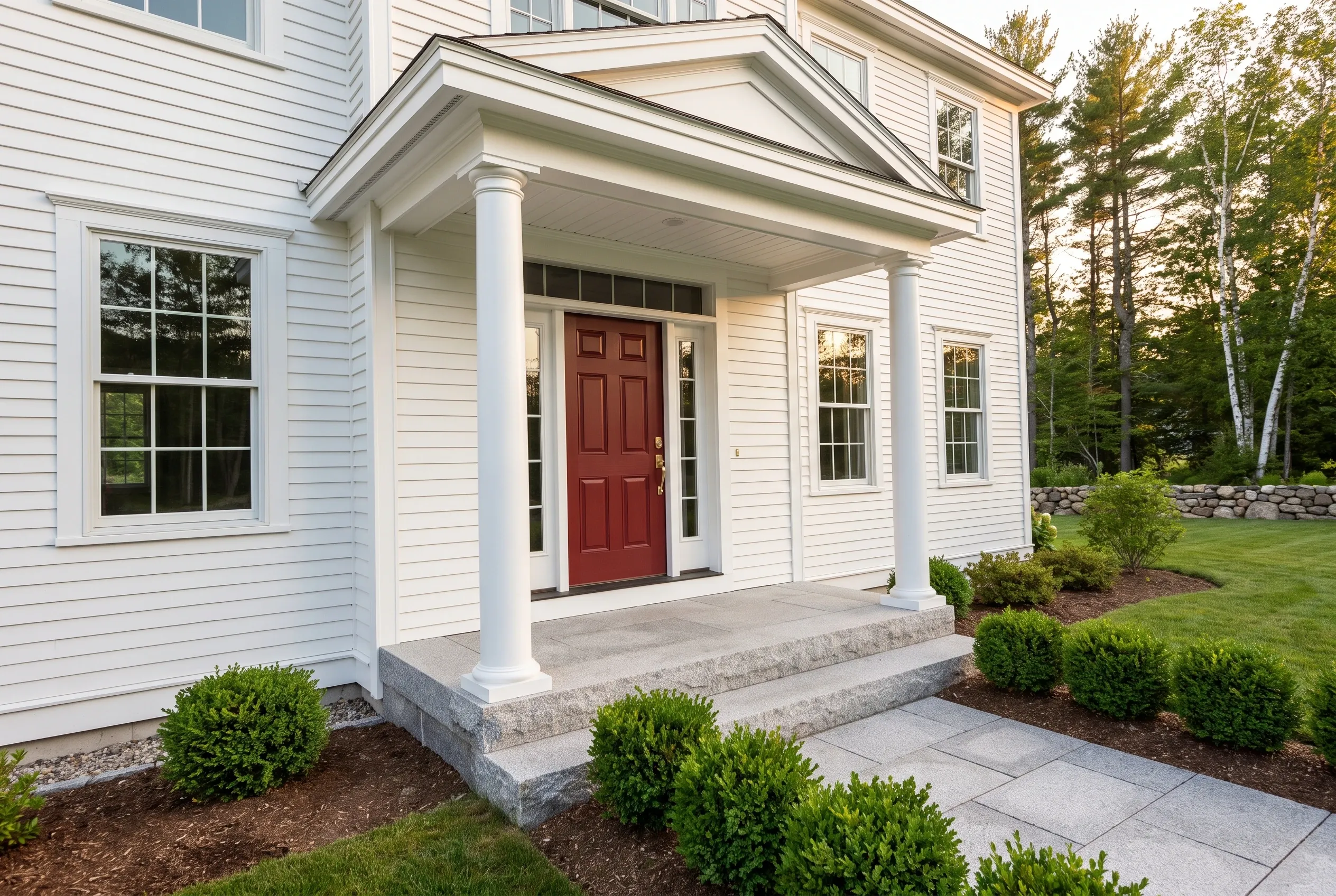 White Colonial Home in Buxton, ME: White-sided colonial house with red front door, white columns, stone steps, and landscaped front yard with evergreen shrubs and trees in background.