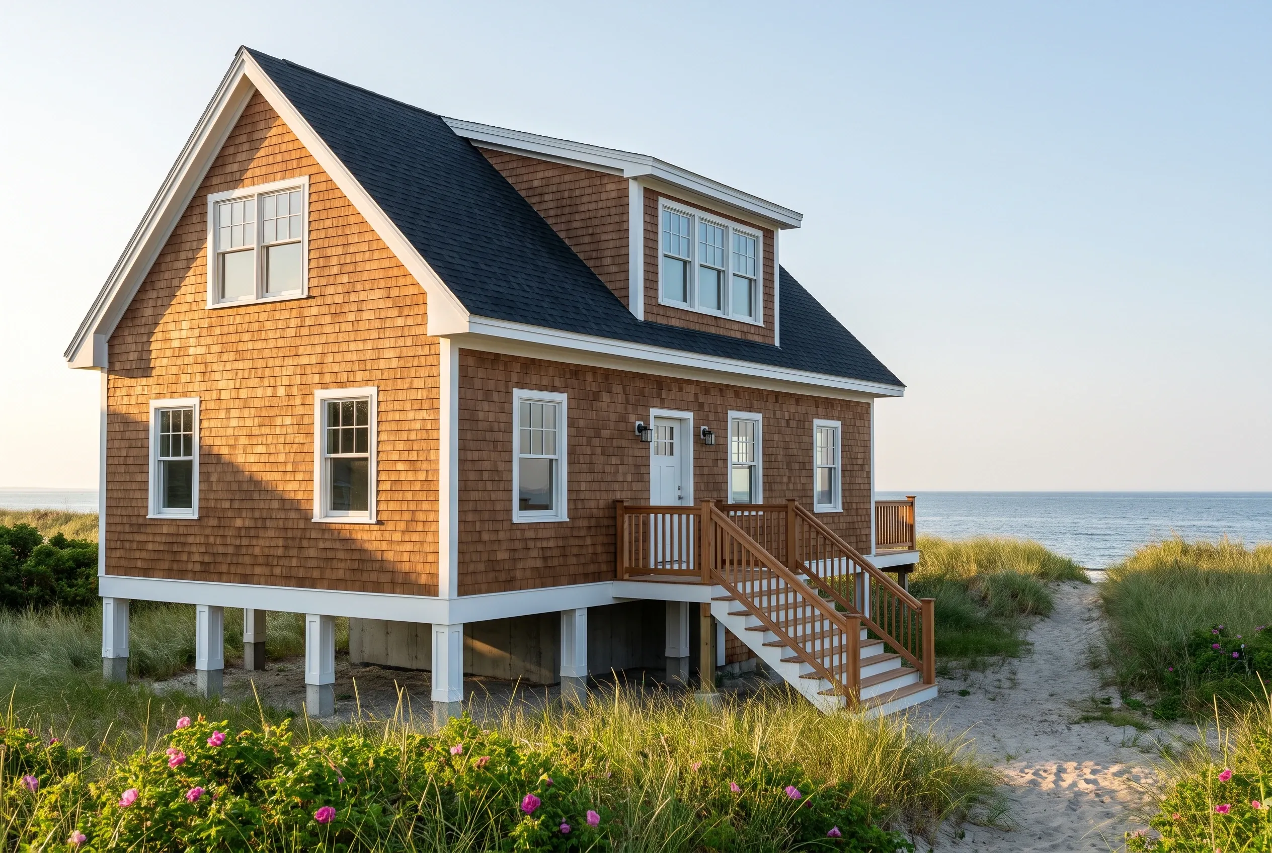 Beachfront cottage in Cape Elizabeth, Maine: Two-story house with golden cedar shake siding, white trim, and dark roof with dormers, elevated on pilings, with wooden deck and stairs, surrounded by beach grass and flowers, ocean visible beyond.