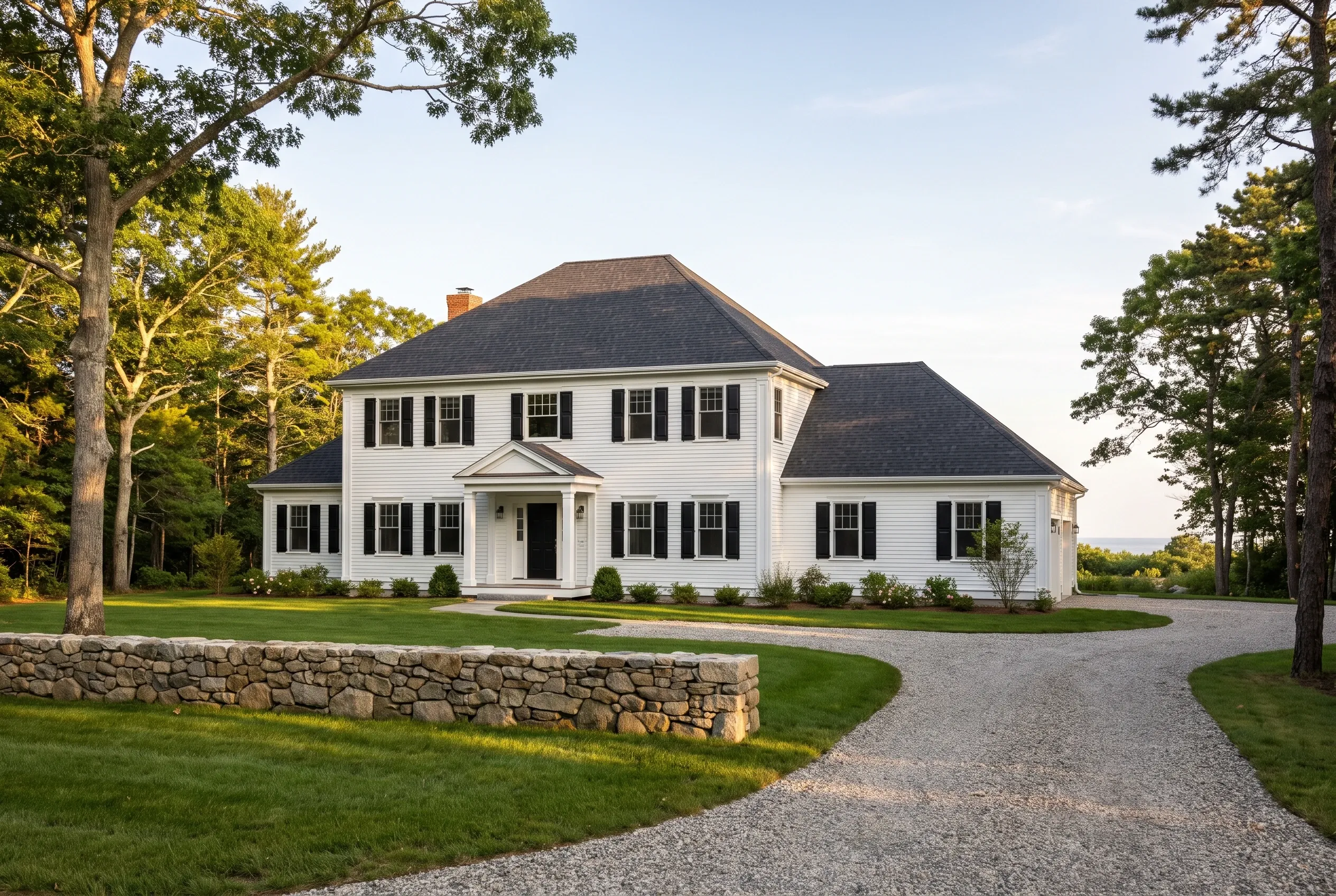 Colonial home in Cape Elizabeth, Maine: Two-story white vinyl-sided house with black shutters and black roof, stone foundation wall, curved gravel driveway, manicured lawn, surrounded by tall trees.