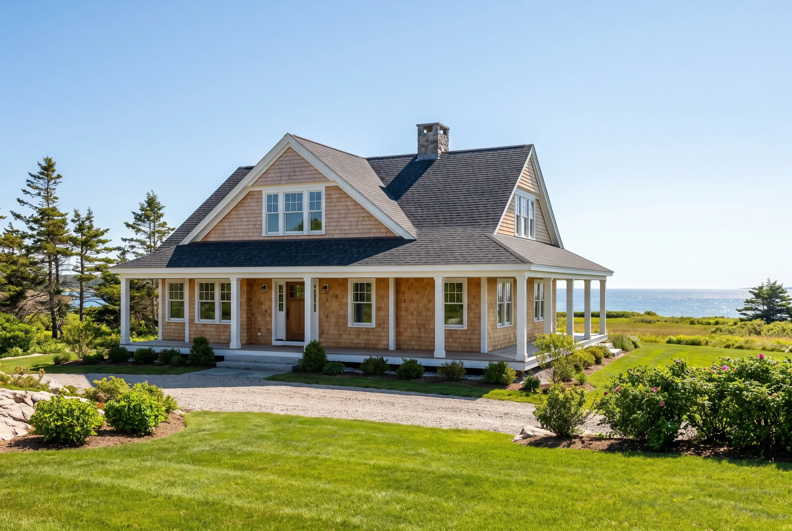 Custom home builder in Cape Elizabeth, ME: Brown shingle farmhouse with white trim and dark roof, wrap-around porch, situated on manicured lawn overlooking ocean.