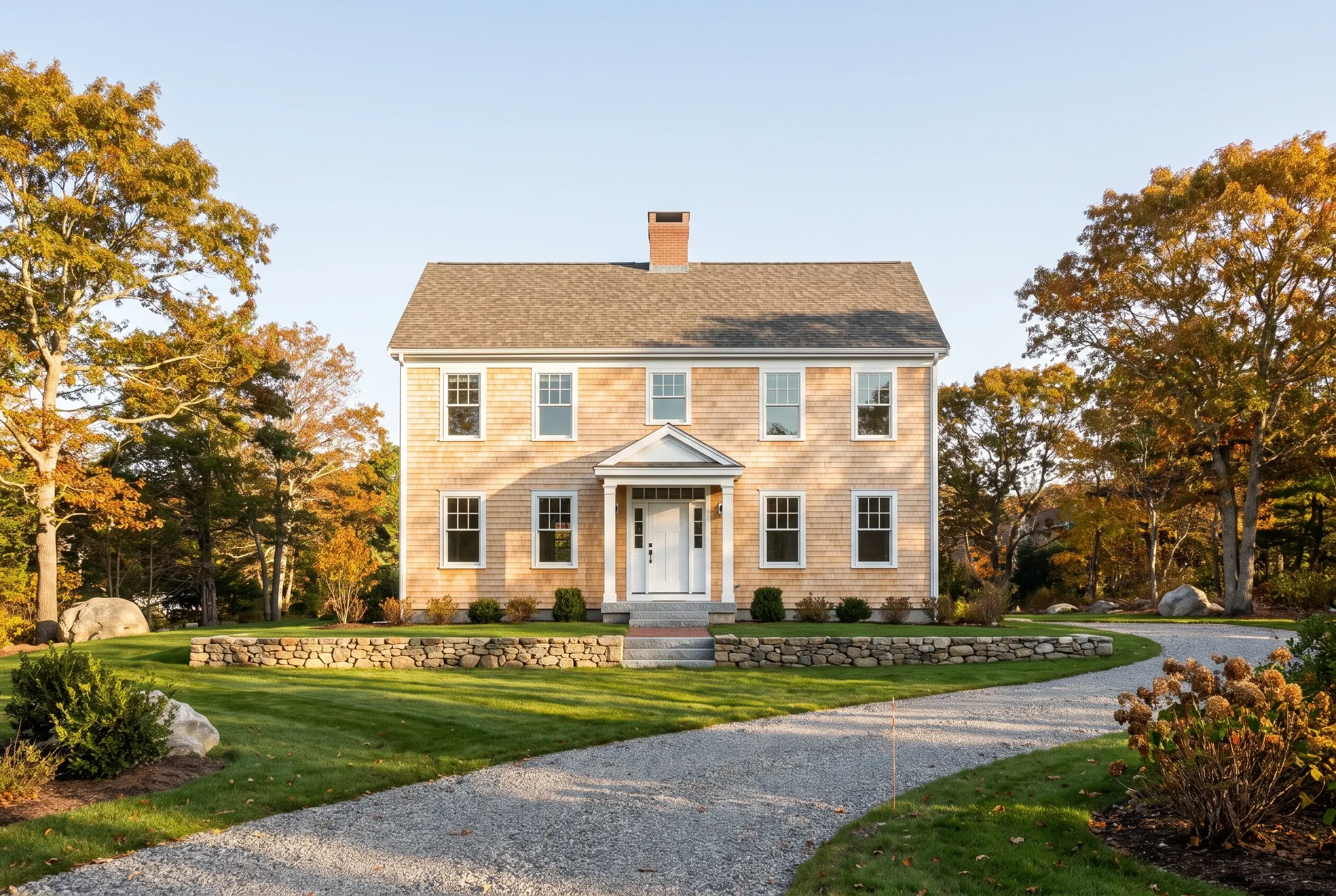 Colonial home in Cape Elizabeth, Maine: Two-story house with tan cedar shake siding, white trim, and gray asphalt shingle roof sits on manicured lawn with curved gravel driveway, surrounded by autumn trees.