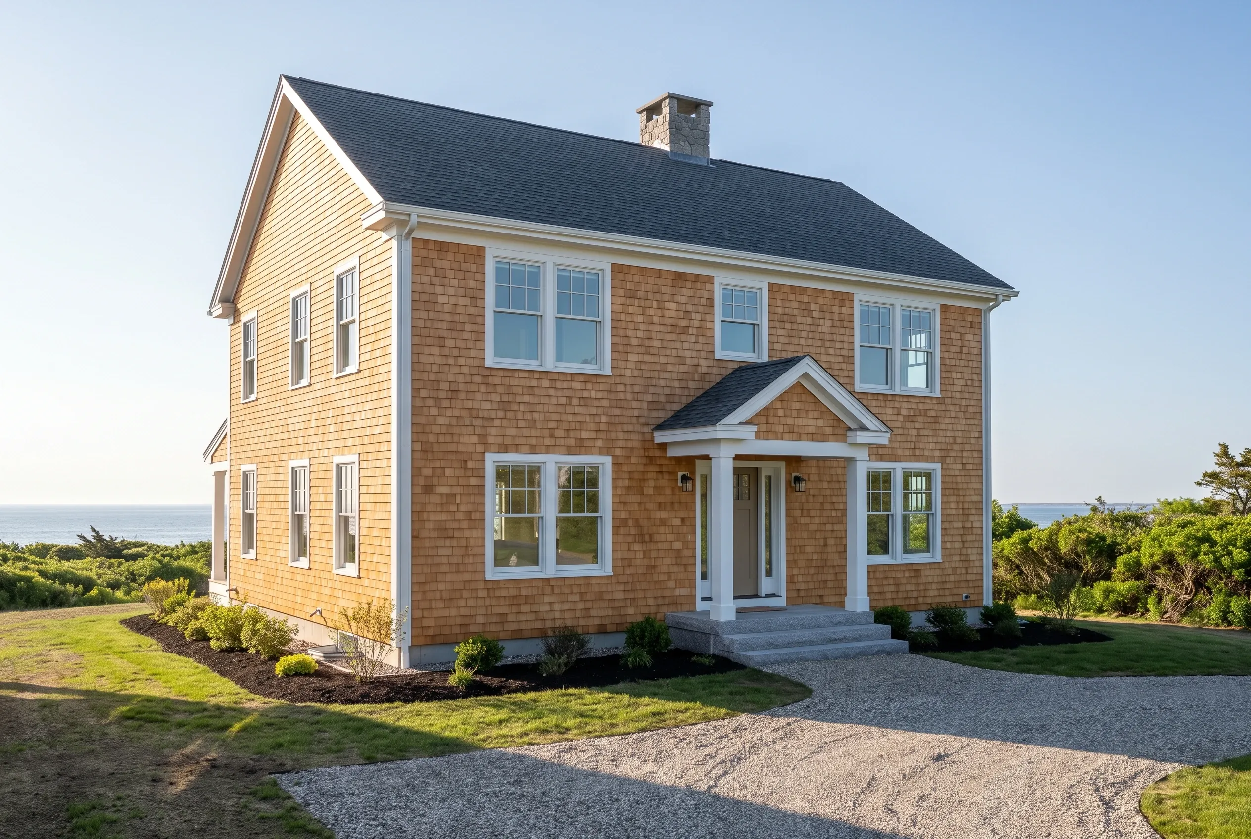 Cedar Shingle Colonial Home in Cape Elizabeth, Maine: Two-story residential home with golden-brown cedar shingle siding, white trim, dark gray roof, and columned front portico, situated on landscaped grounds overlooking water.