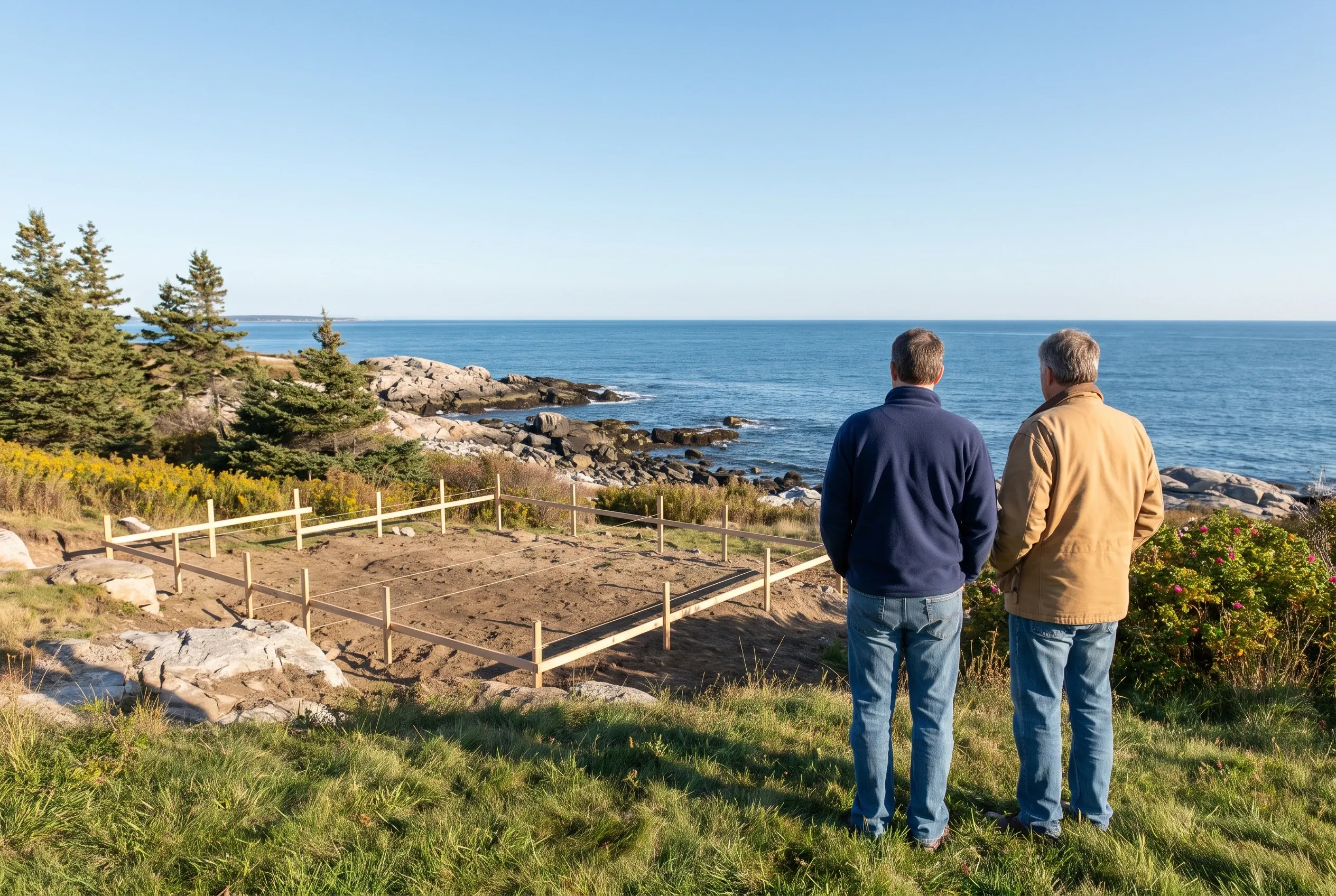 Coastal Maine home foundation under construction: Two men viewing wooden framed foundation with ocean, rocky shoreline, and evergreen trees in background.