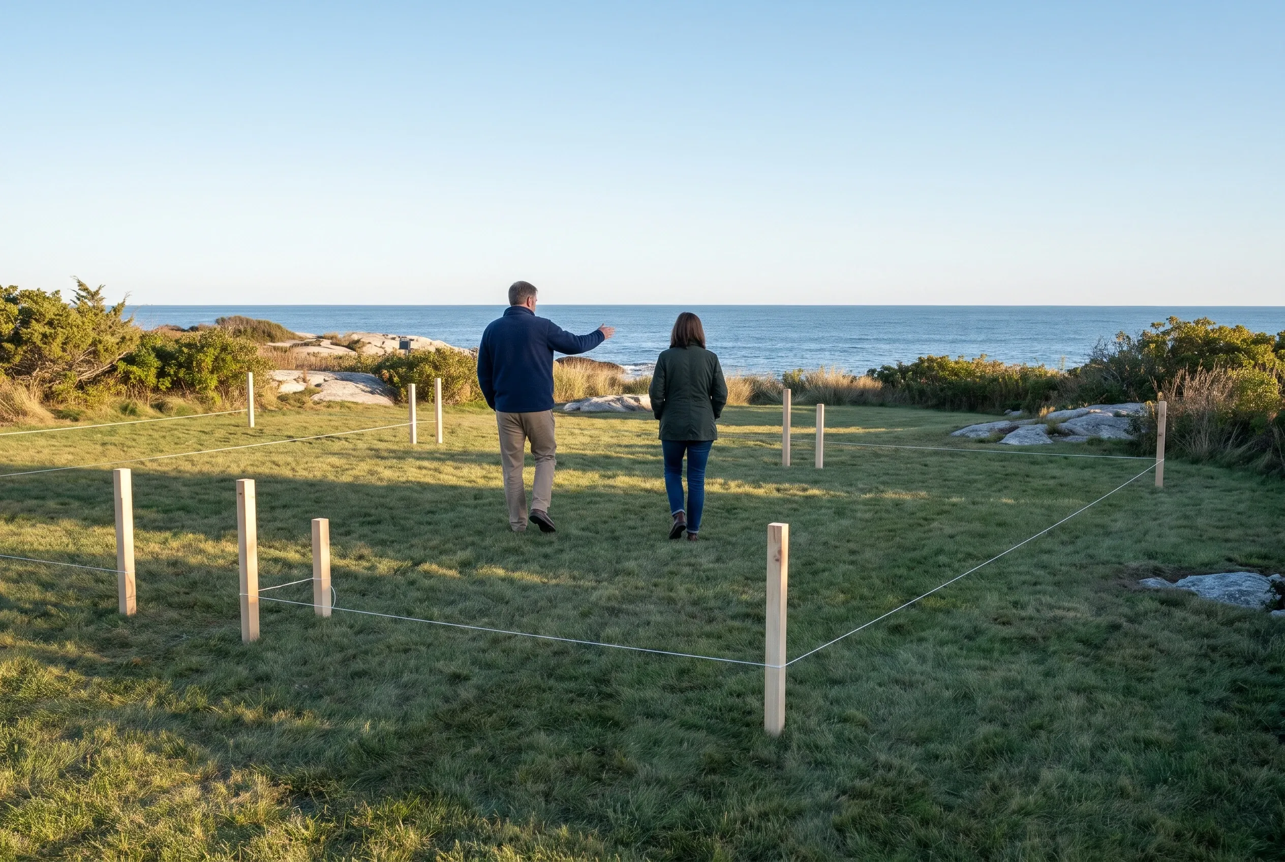 Coastal property staking in Cape Elizabeth, ME: Two people walking toward ocean view across grassy lot with wooden stakes and rope marking property boundaries.