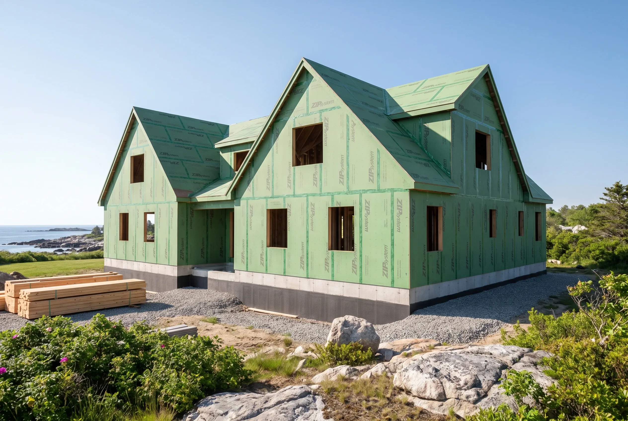 New construction home in Cape Elizabeth ME: Green-wrapped house with multiple gables, brown trim, green metal roof, gravel driveway, coastal landscape with ocean view.