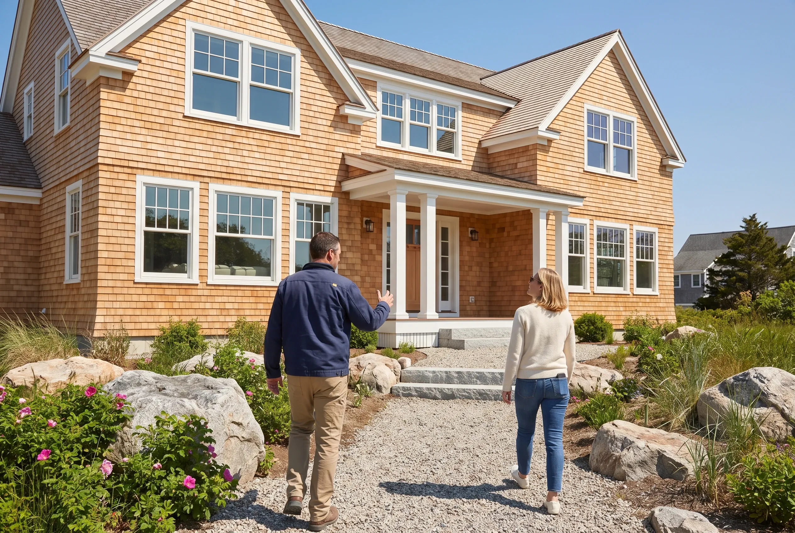 Cape Elizabeth shingle home tour: Two people walk up a gravel driveway toward a two-story cedar shake house with white trim, multiple gabled roofs, and large windows.