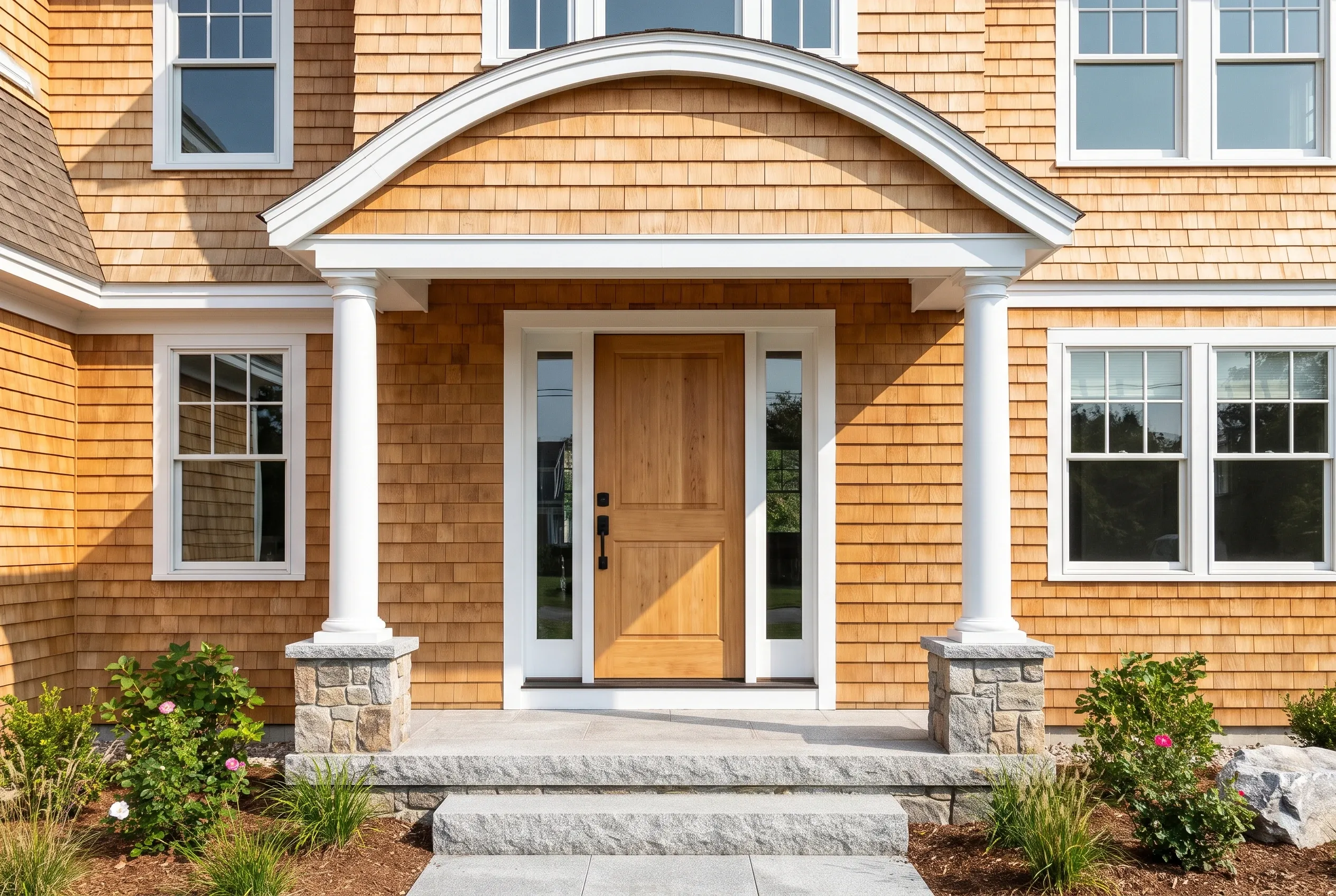 Cape Elizabeth home with cedar shake siding: Two-story house with golden-tan wood shingle siding, white trim, arched portico with columns, wooden front door, stone foundation and steps, landscaped front entrance.